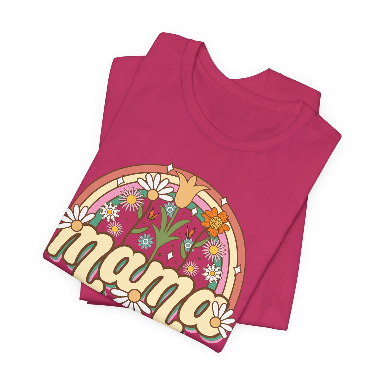 🌼🌈 Retro Floral Mama T-Shirt – Boho Rainbow Graphic Tee for Moms 🌻✨