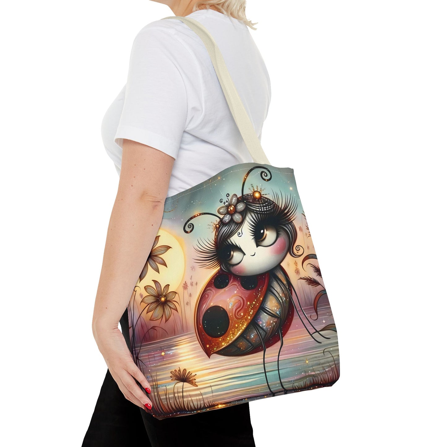 🐞 Mariquita sobre una flor junto al lago – Bolsa de tela inspirada en la naturaleza