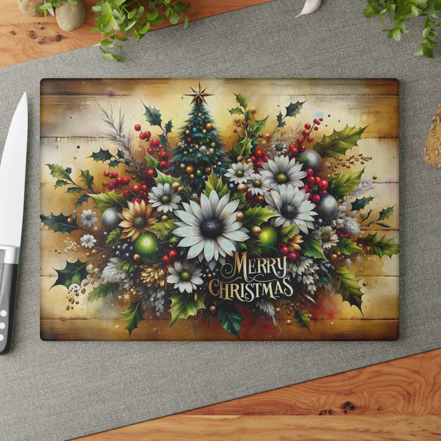🎄✨ “Merry Christmas Florals” Glass Cutting Board – Festive Farmhouse Glow for Your Kitchen