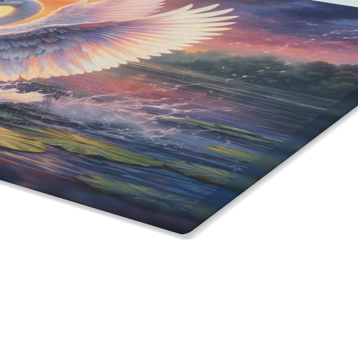 Graceful Swan Sunset Glass Cutting Board – Elegant Lake Nature Kitchen Art