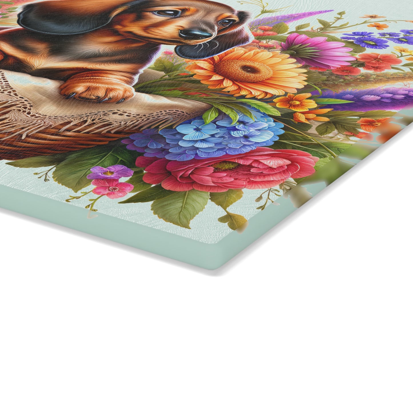 🌸 Dachshund Floral Basket Cutting Board – Whimsical Charm for Your Kitchen