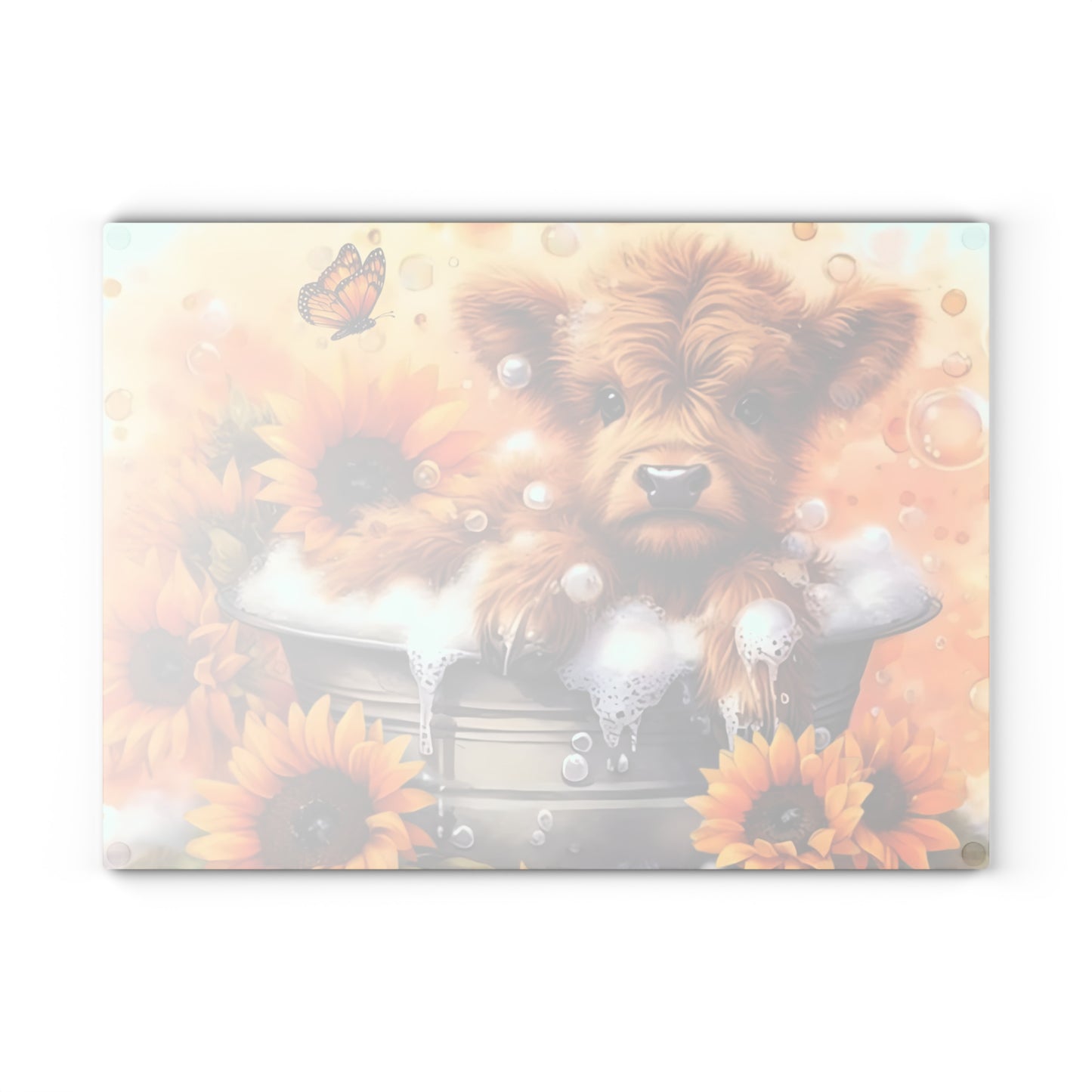 🐮🌻 Highland Calf Bubble Bath Cutting Board – Farmhouse Fun with a Sunny Twist