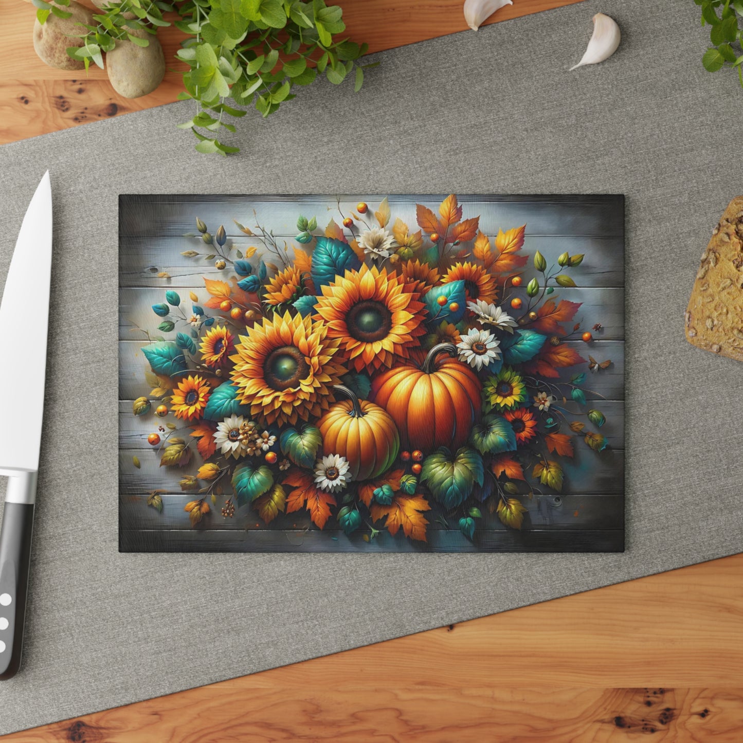🌻🎃 Autumn Sunflower & Pumpkin Cutting Board – Rustic Harvest Charm for Your Kitchen 🍂✨