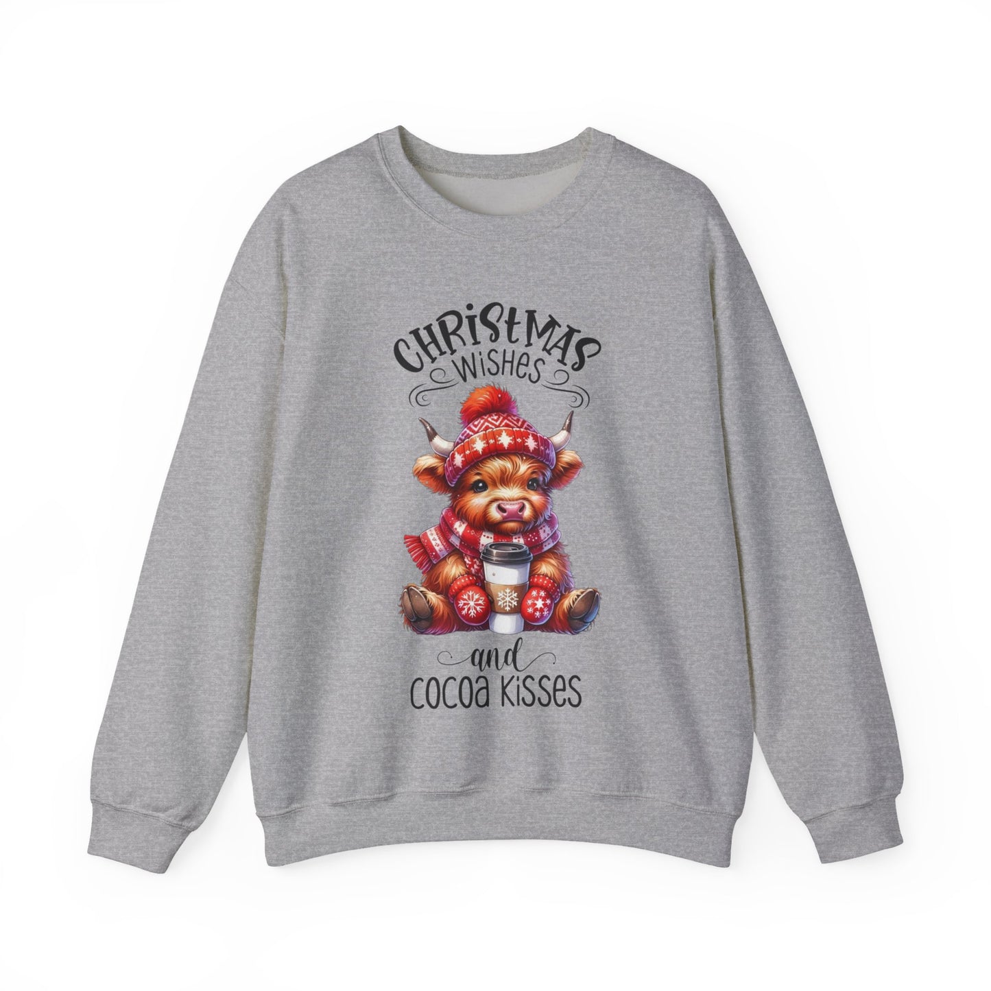 🎄☕🐮 Christmas Wishes and Cocoa Kisses Sweatshirt – Cozy Highland Cow Holiday Sweater ❄️❤️