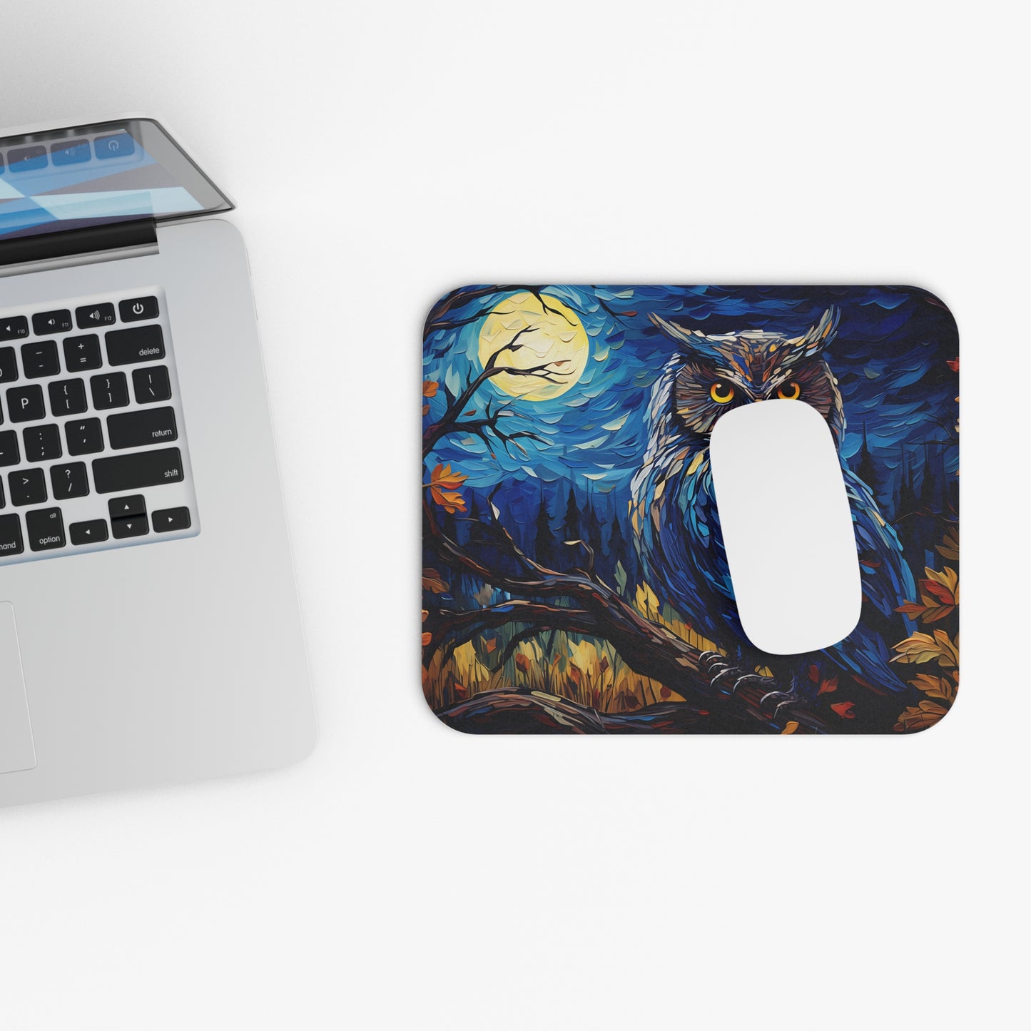 🖱️🦉🌕 Midnight Owl Mouse Pad – Full Moon Forest in Deep Blues