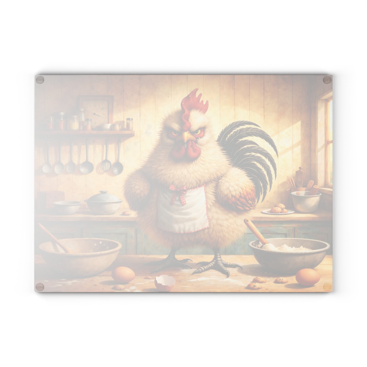 Feisty Farmhouse Chicken Glass Cutting Board – Rustic Kitchen Art with Attitude