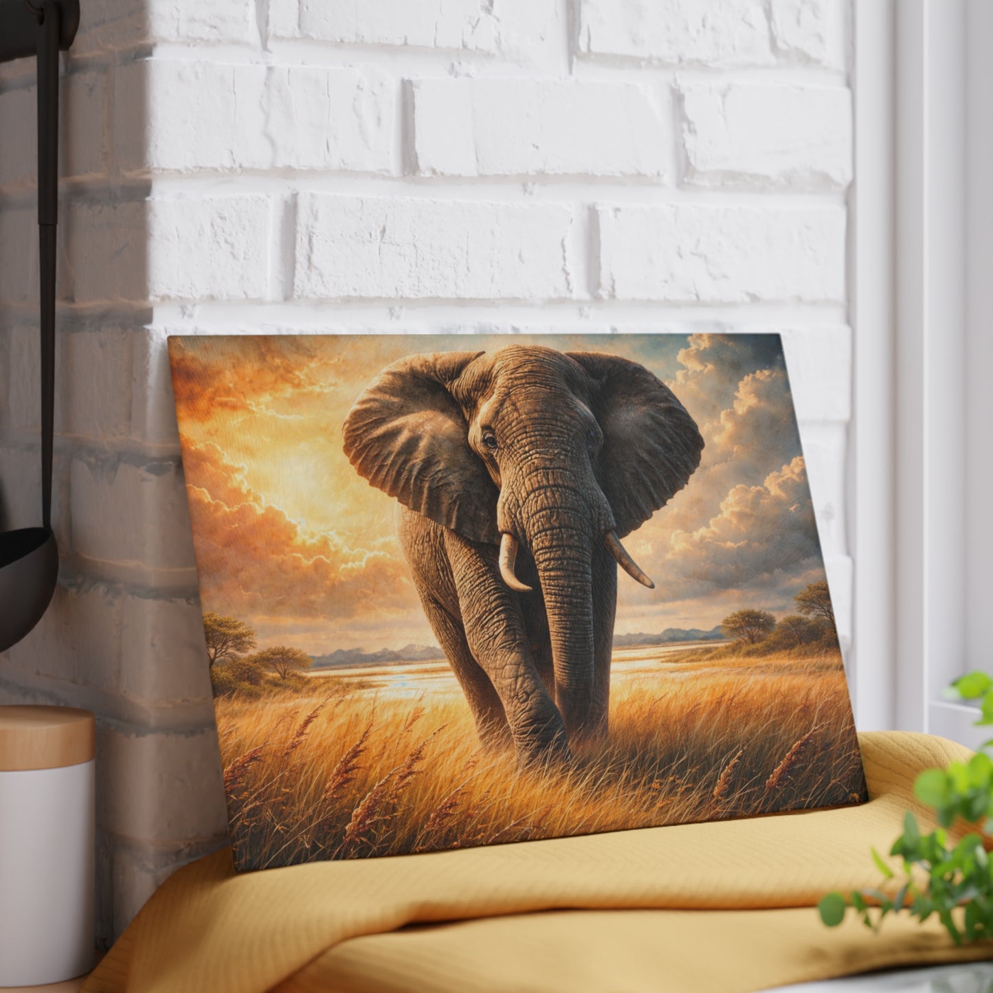 Majestic Elephant Sunset Savanna Glass Cutting Board – Bold Wildlife Landscape Kitchen Art
