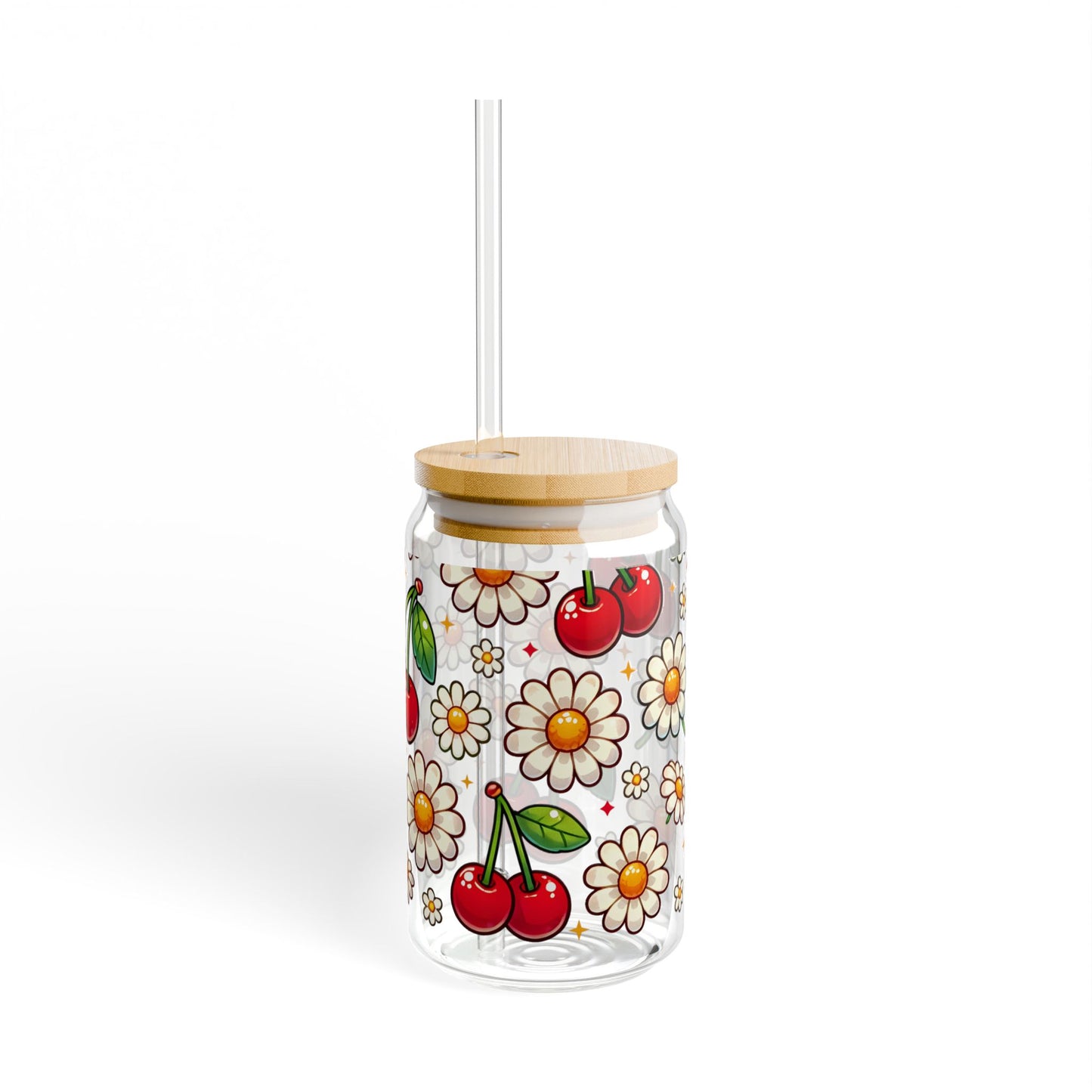 🍒🌼 Cherry & Daisy Delight Sipper Glass – Sweet Retro Fun for Every Sip 💫