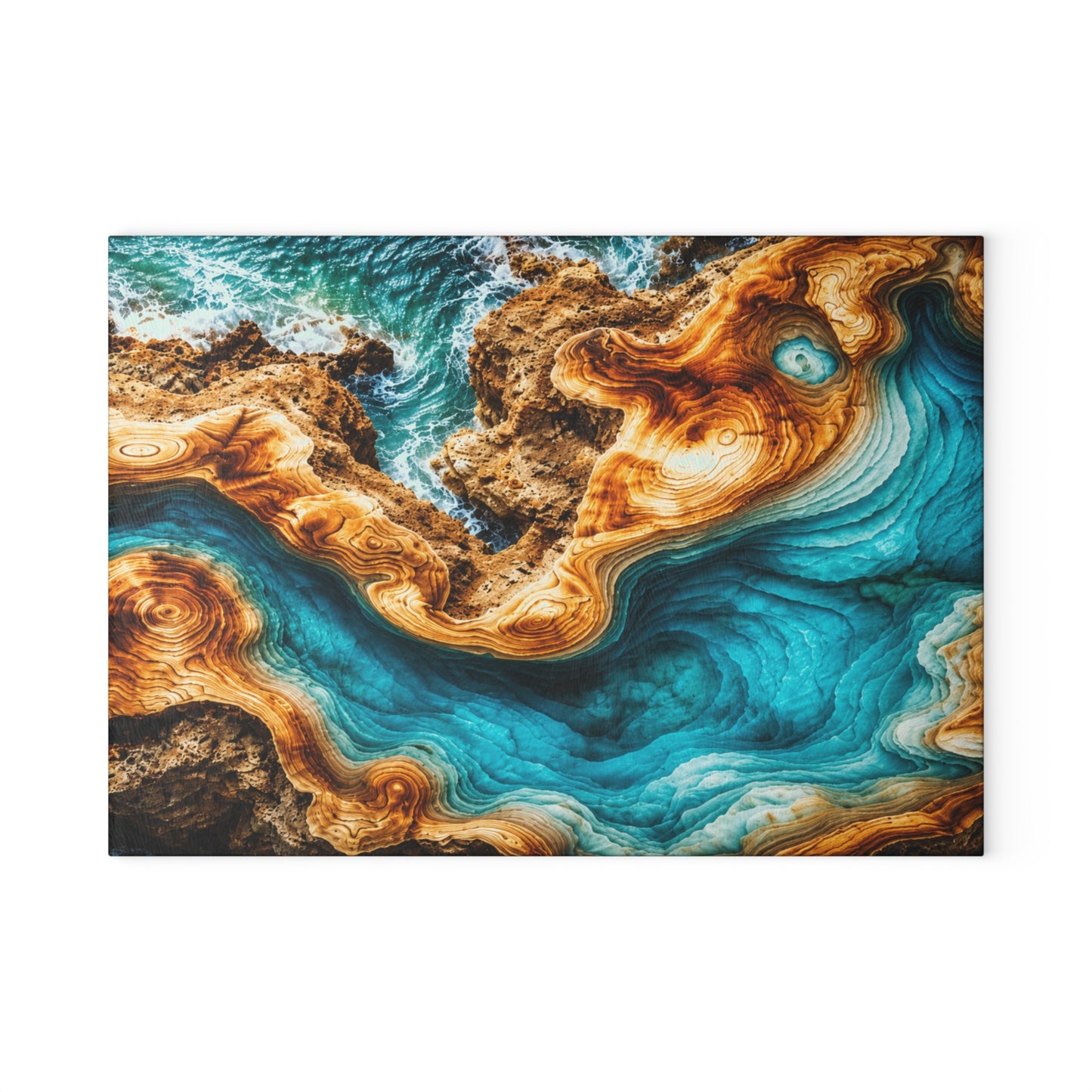 Coastal Ocean Resin-Style Abstract Glass Cutting Board – Turquoise Shoreline Artwork