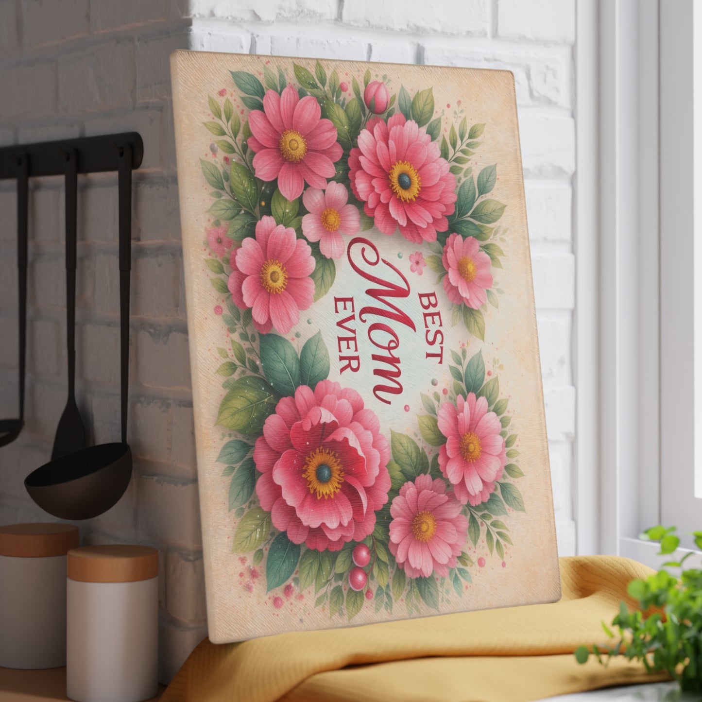 Best Mom Ever Floral Glass Cutting Board – Elegant Kitchen Gift for Her