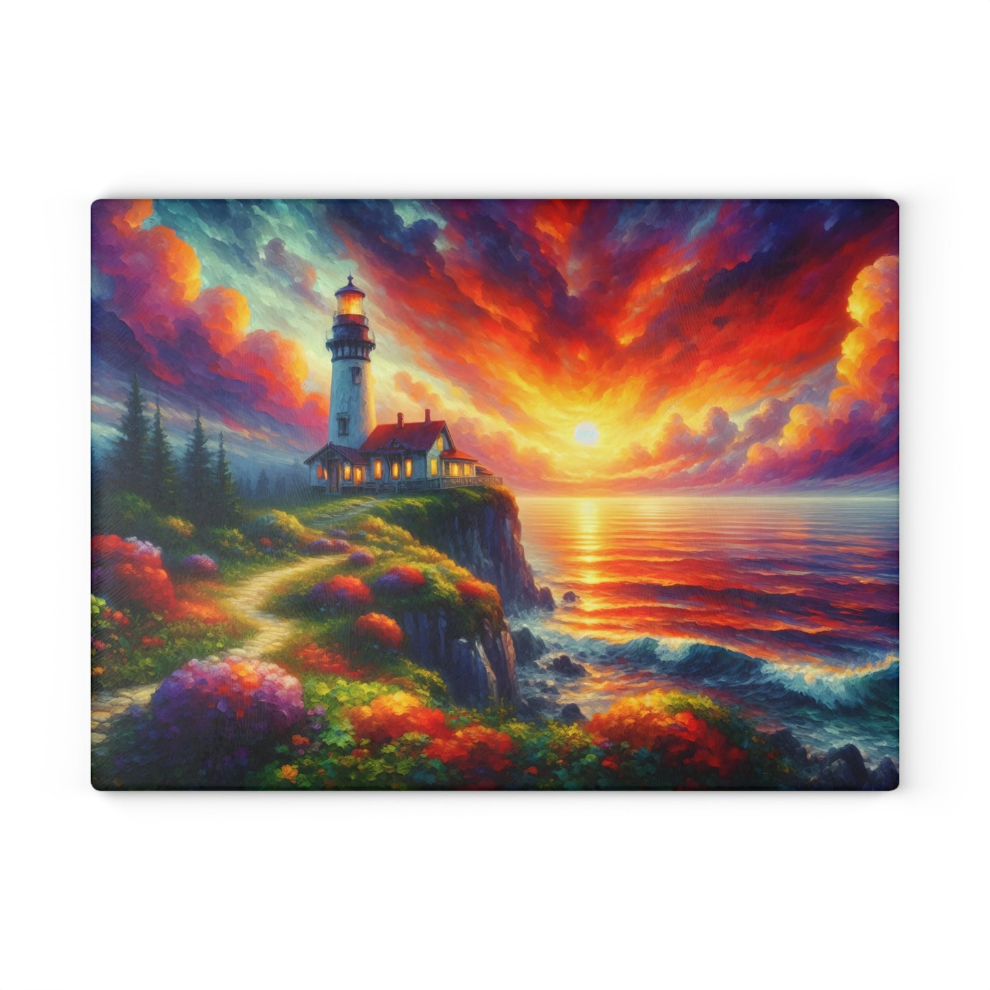 Radiant Lighthouse Sunset Glass Cutting Board – Coastal Seascape Art Kitchen Display