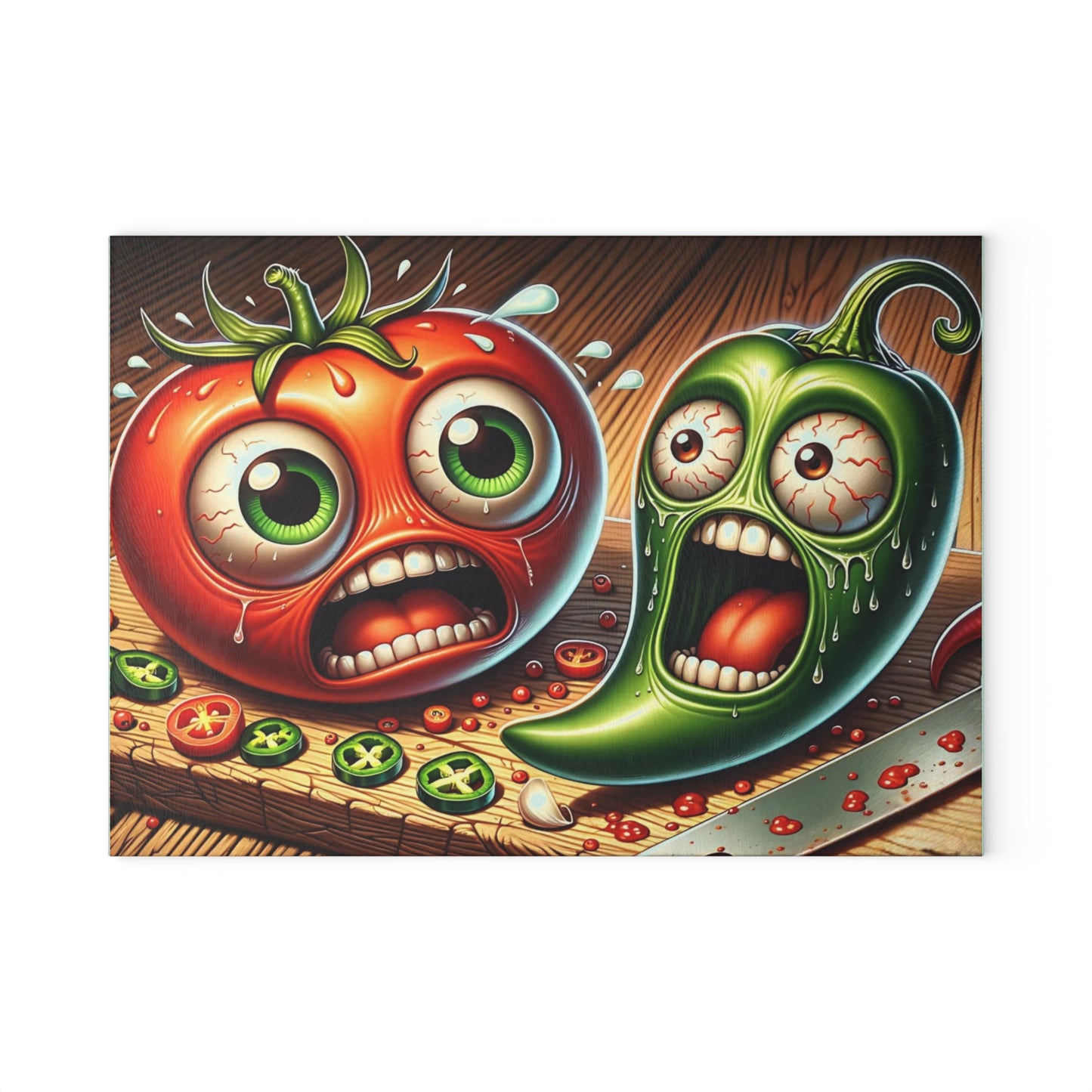🌶️🍅 “Spicy Sidekick: Tomato & Pepper Panic” Glass Cutting Board – Laugh-Out-Loud Kitchen Vibes