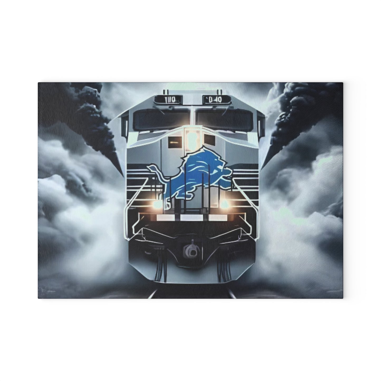 Light Blue & Silver Express Glass Cutting Board – Sleek Train Design for Cool, Modern Kitchens