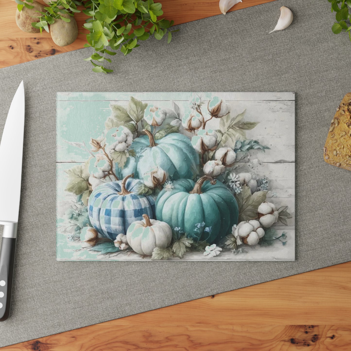 🎃🧵 “Teal Pumpkin Patch” Tempered Glass Board – Cozy Country Autumn