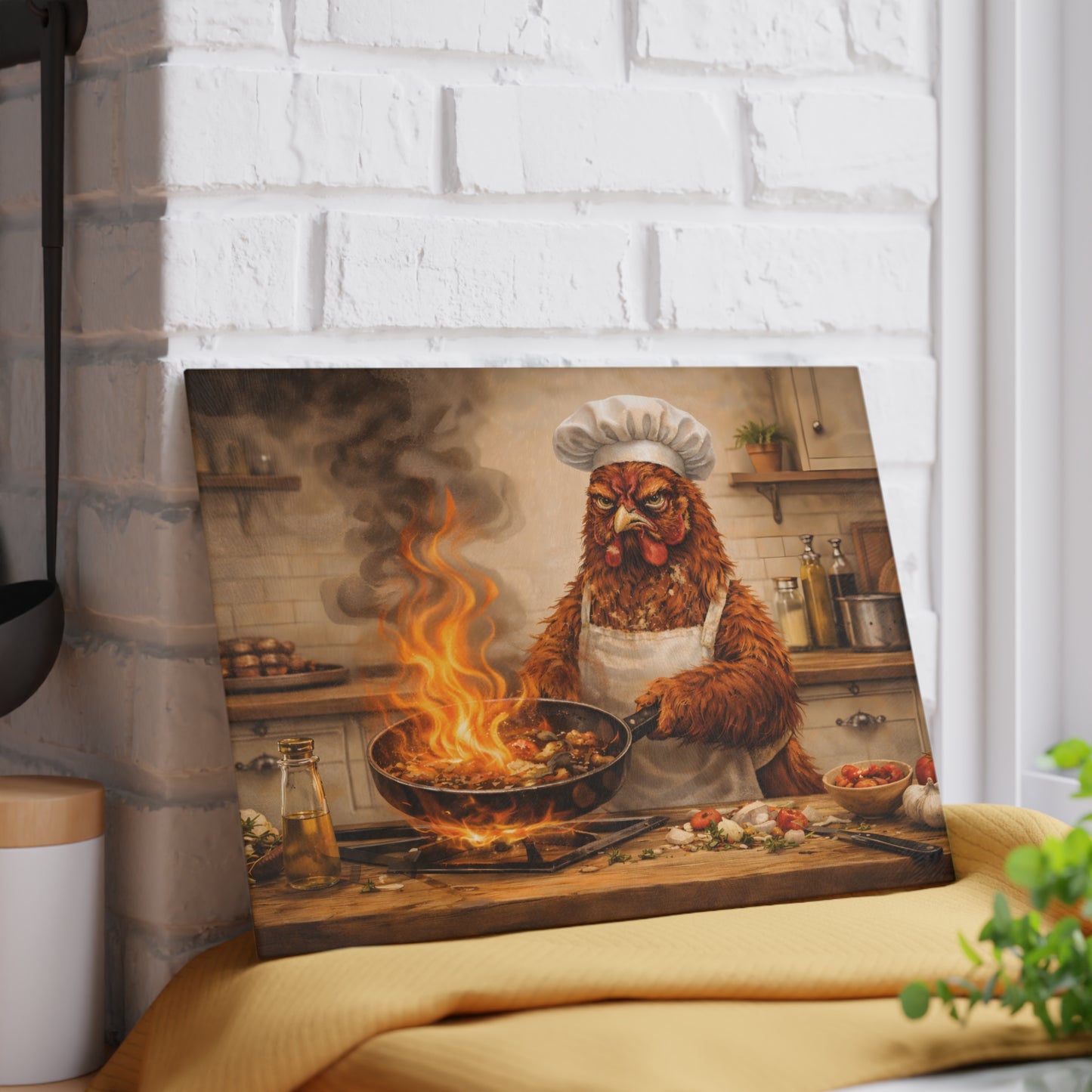 Angry Chicken Chef Glass Cutting Board – Funny Kitchen Chaos Farm Art