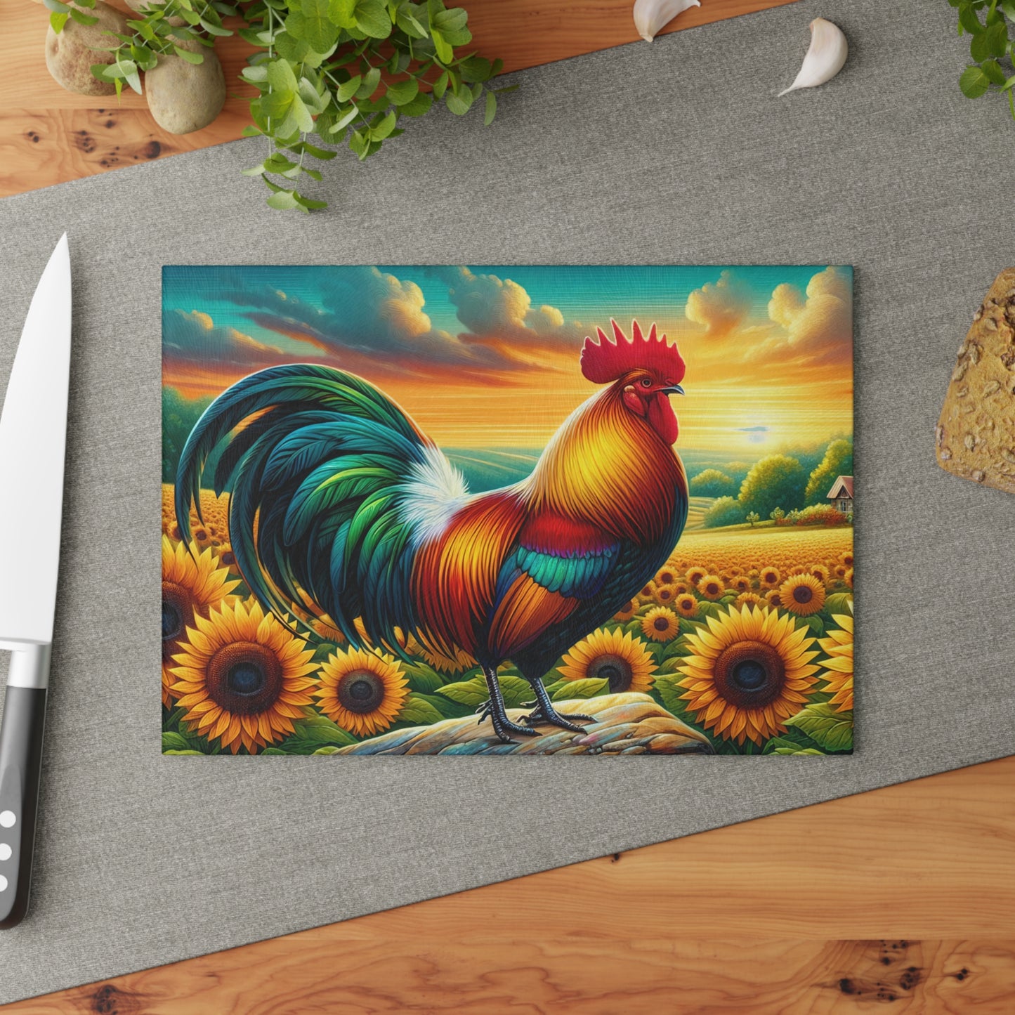 🐓🌻 Rooster on a Rock Glass Cutting Board – Bold Barnyard Charm in a Sunflower Field 🌾🌞