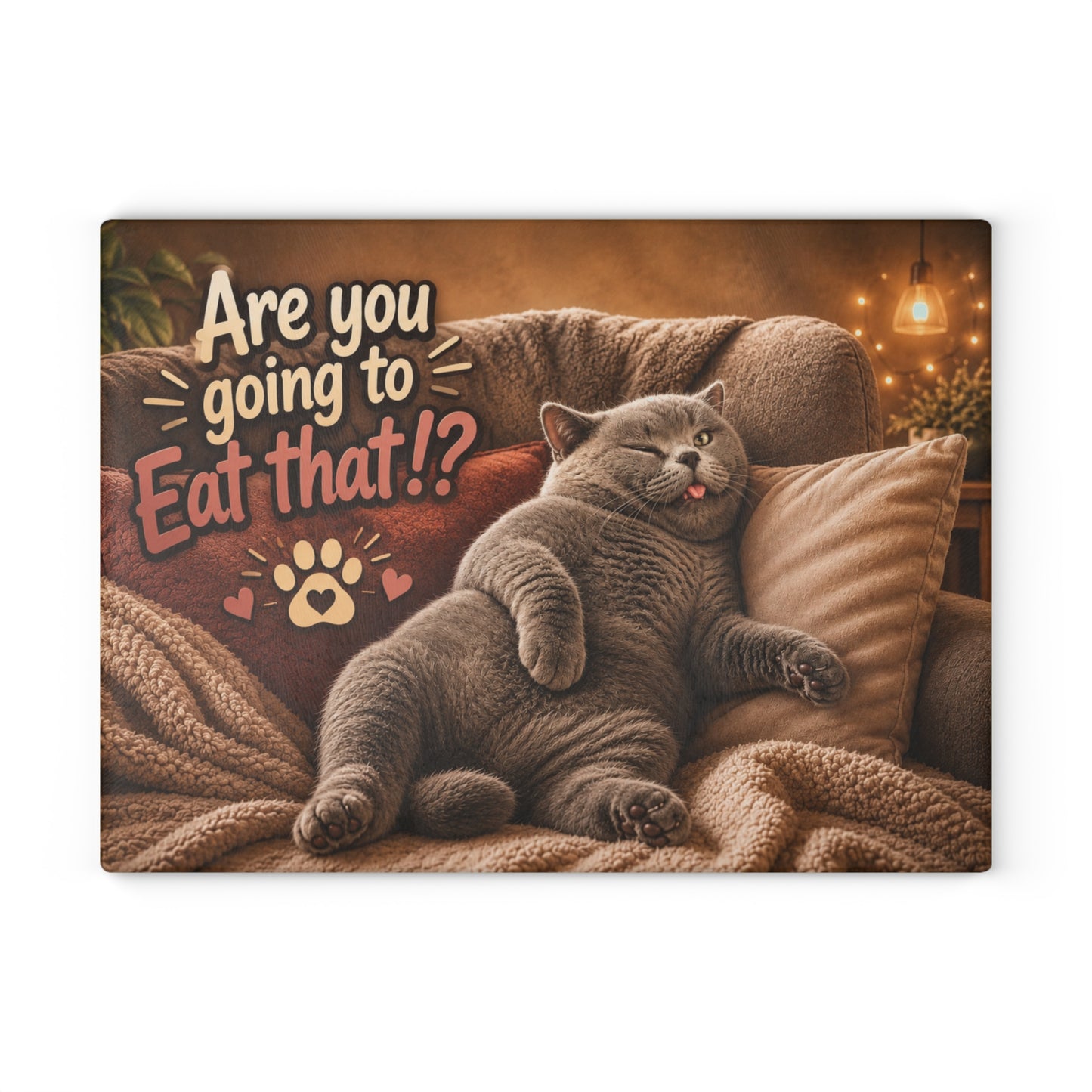 Are You Going to Eat That!? Funny Cat Glass Cutting Board – Cozy Lazy Cat Kitchen Decor