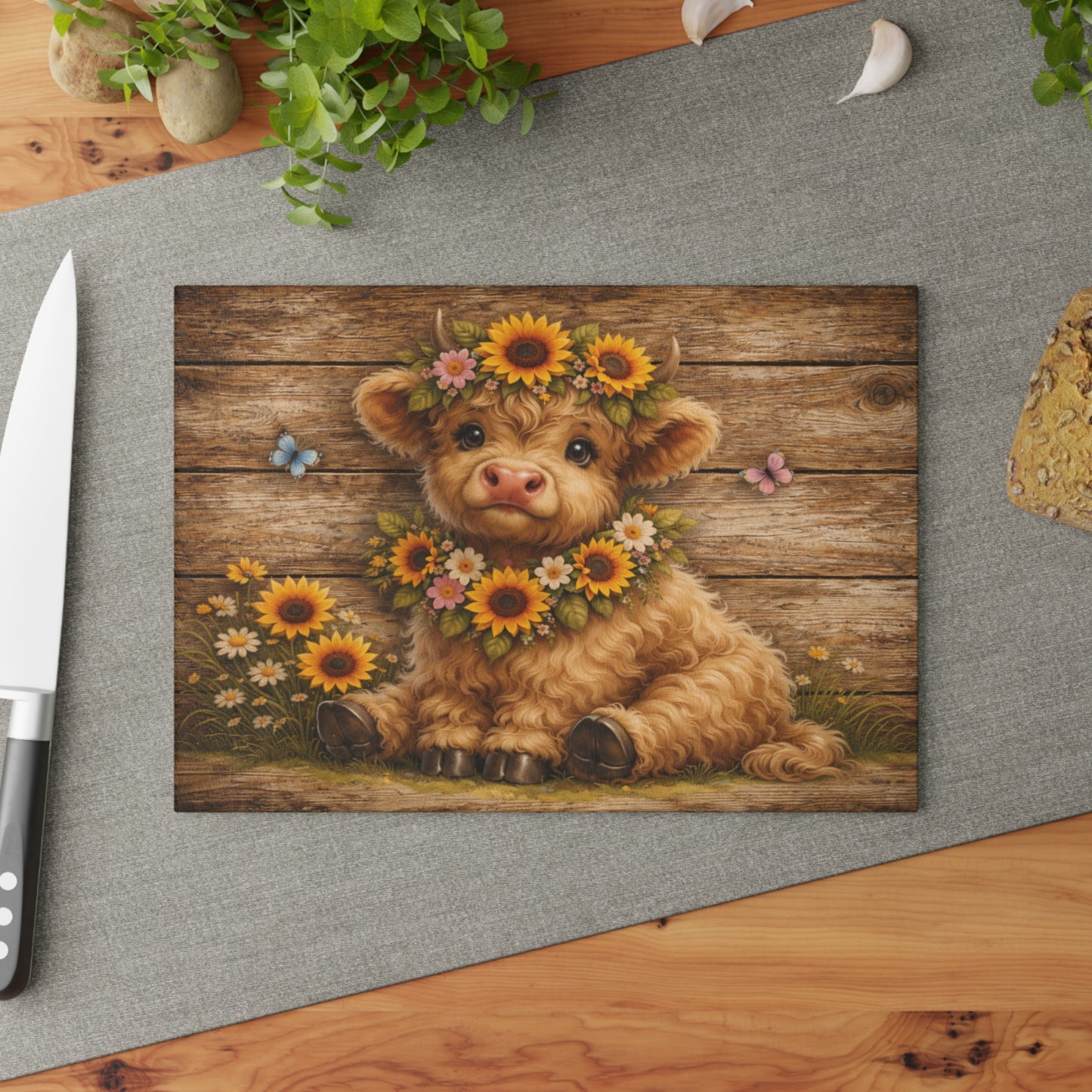 Floral Highland Calf Glass Cutting Board – Rustic Farmhouse Wood Background