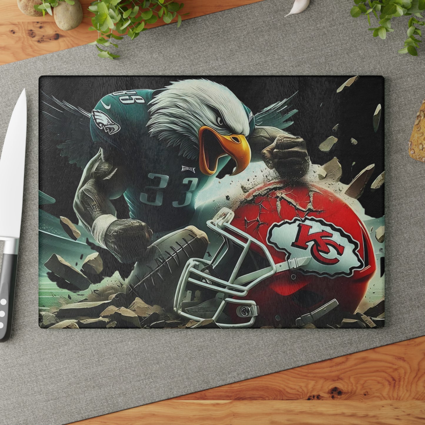 Tabla de cortar de vidrio Showdown Clash: arte de cocina inspirado en una feroz rivalidad