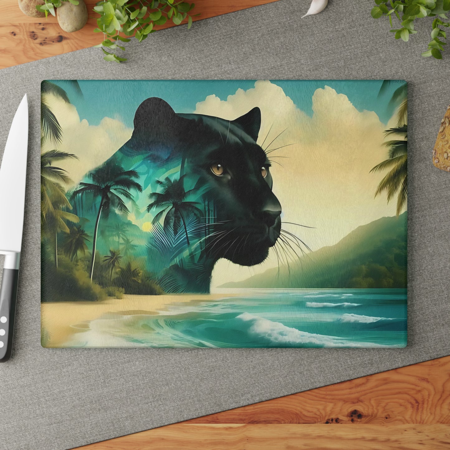 Tabla de cortar de vidrio con diseño de Pantera Negra y puesta de sol en la playa: decoración de cocina con un gato de la jungla místico