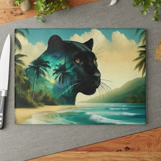 Tabla de cortar de vidrio con diseño de Pantera Negra y puesta de sol en la playa: decoración de cocina con un gato de la jungla místico
