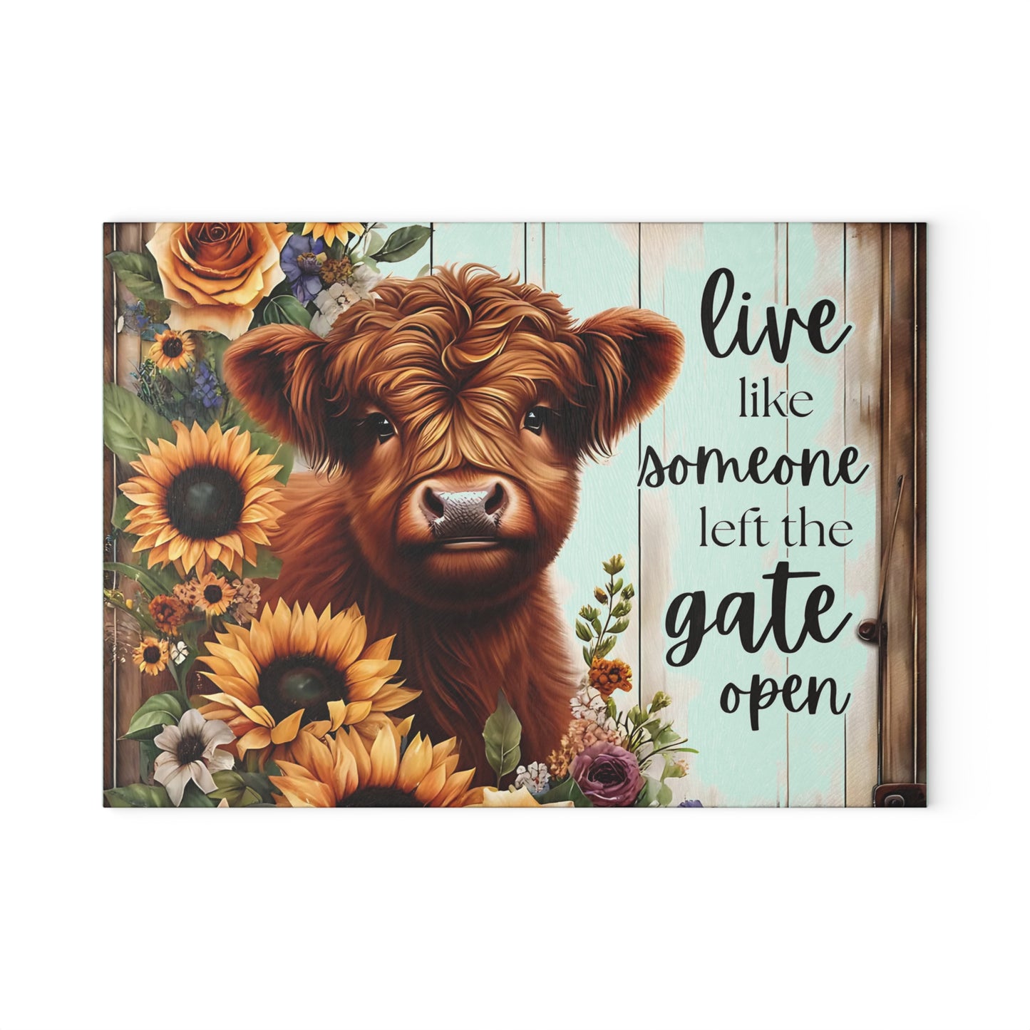 🐮🌻 Highland Cow Sunflower Cutting Board – Rustic Farmhouse Charm with Inspirational Quote 🌼🌹