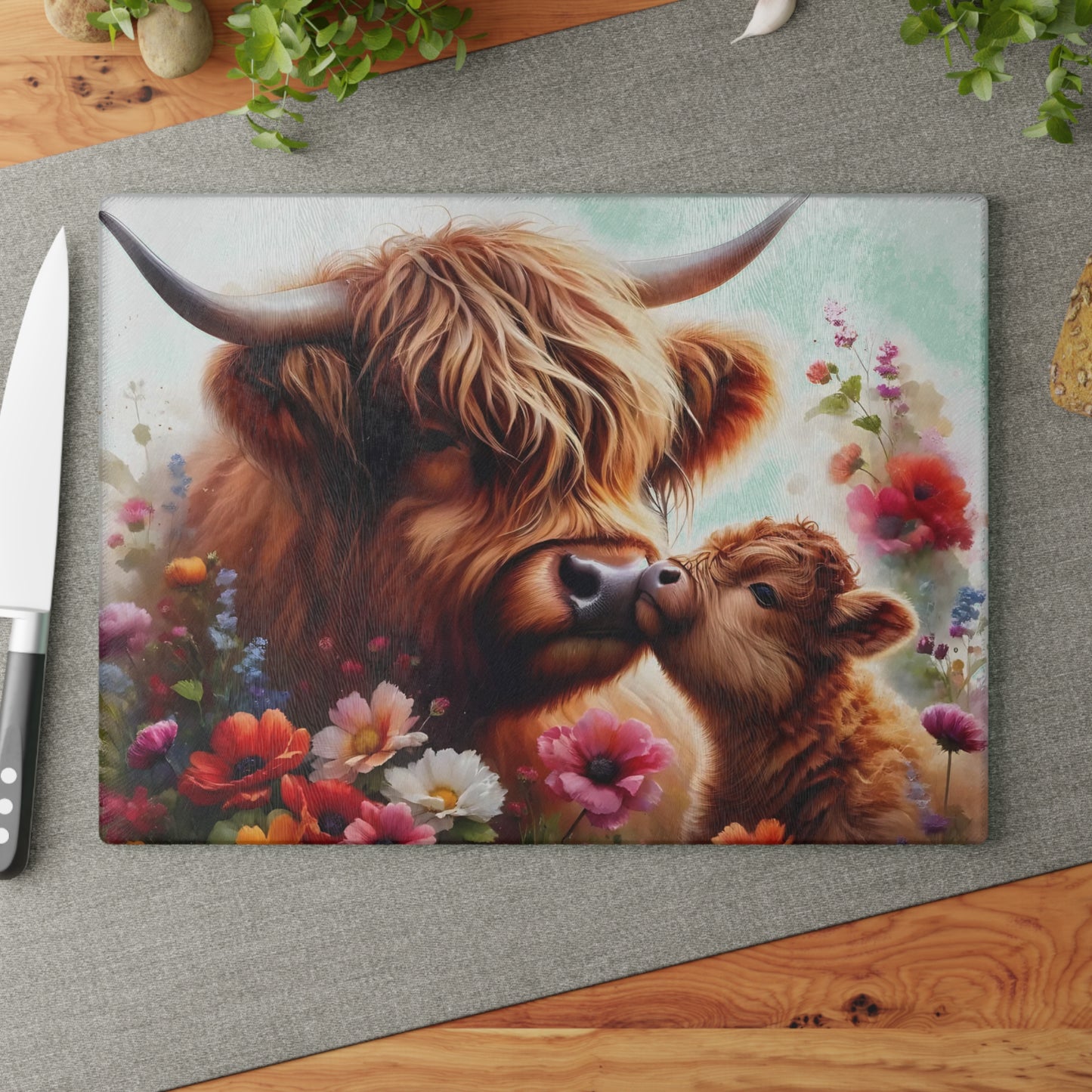 🐮🌸 Highland Cow & Calf Cutting Board – Rustic Love in Bloom 🌼❤️