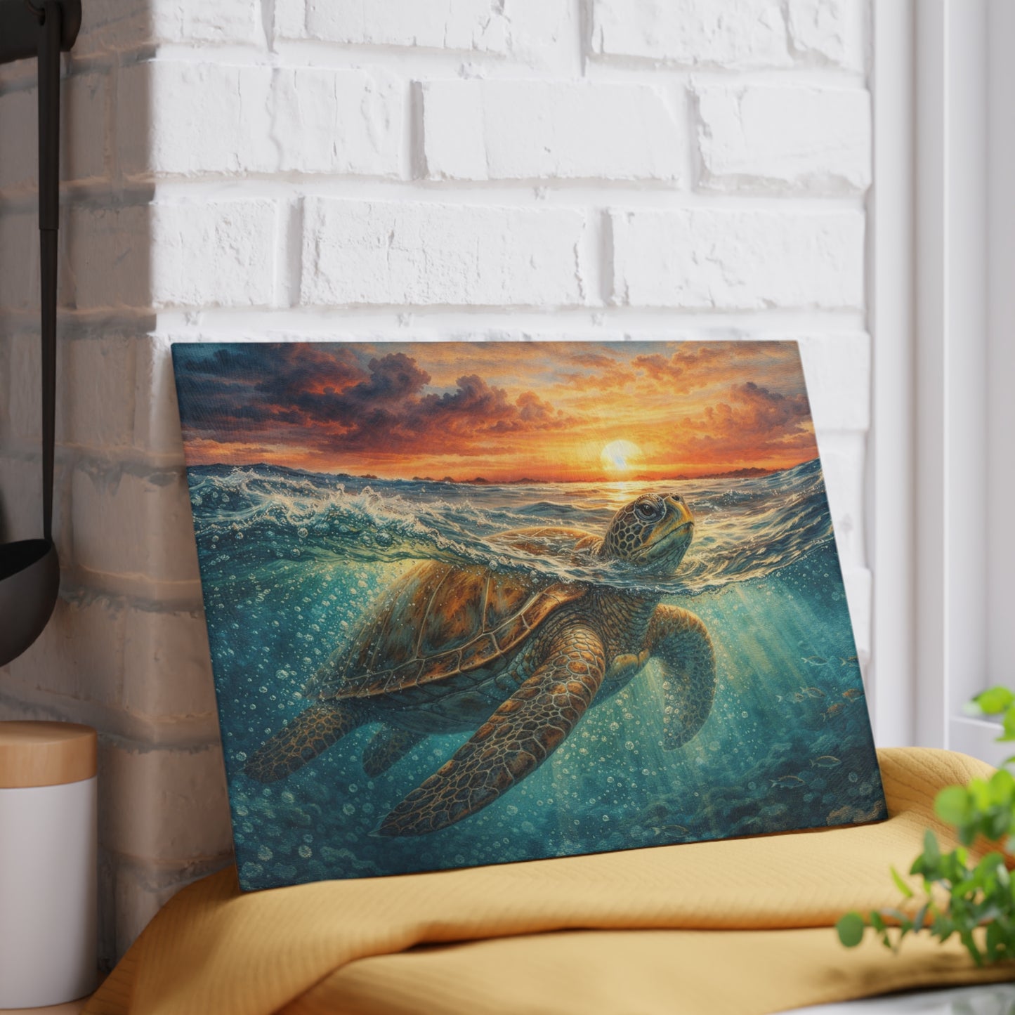 Sea Turtle Sunset Glass Cutting Board – Coastal Ocean Wildlife Kitchen Decor