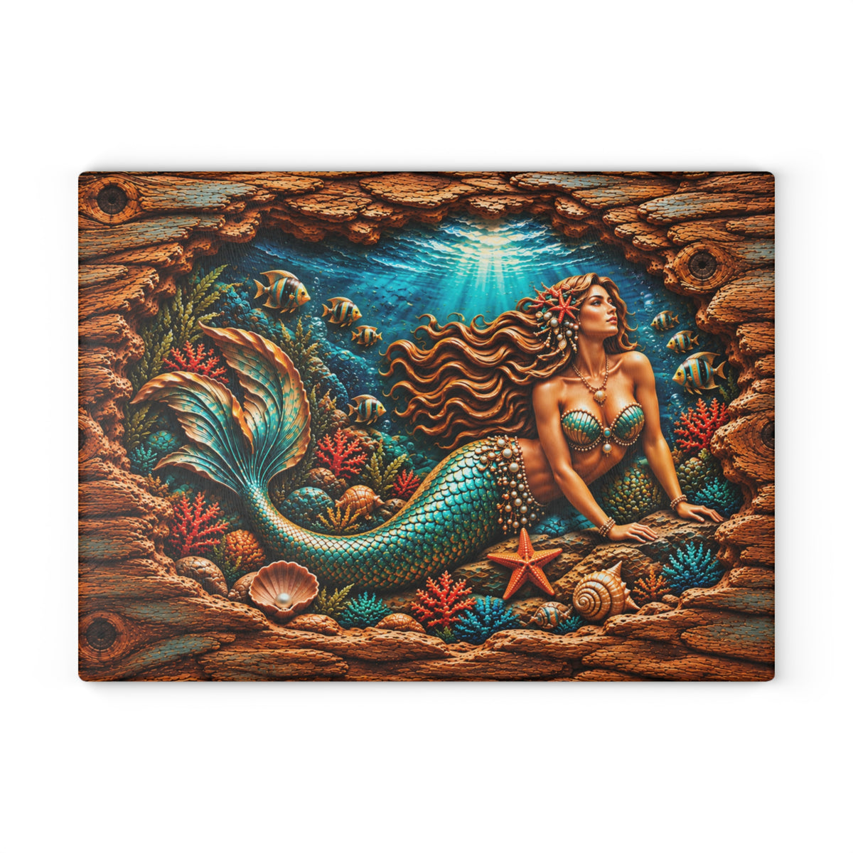 Enchanted Mermaid Glass Cutting Board – Turquoise Tail, Tropical Fish, Coral Reef & 3D Carved Wood Look