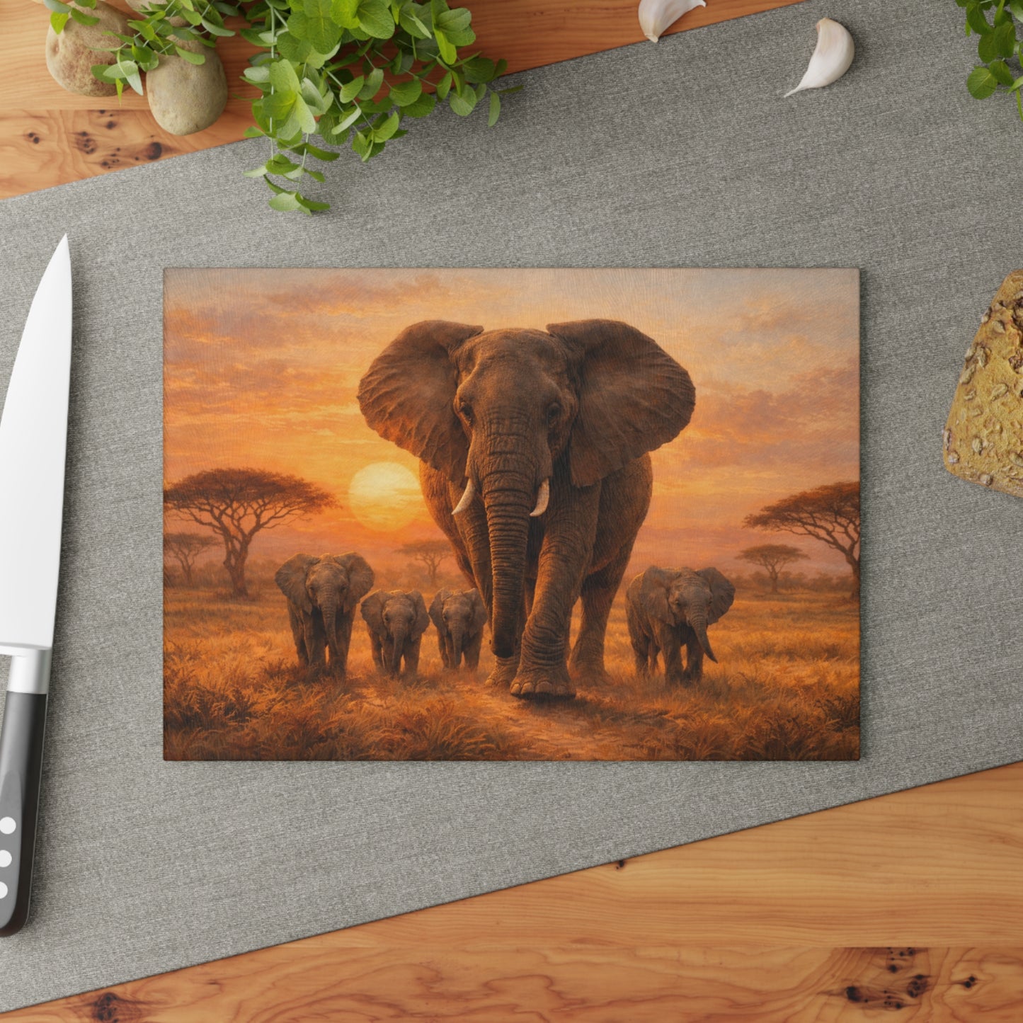 Elephant Family Sunset Safari Glass Cutting Board – Majestic Wildlife Landscape Kitchen Art