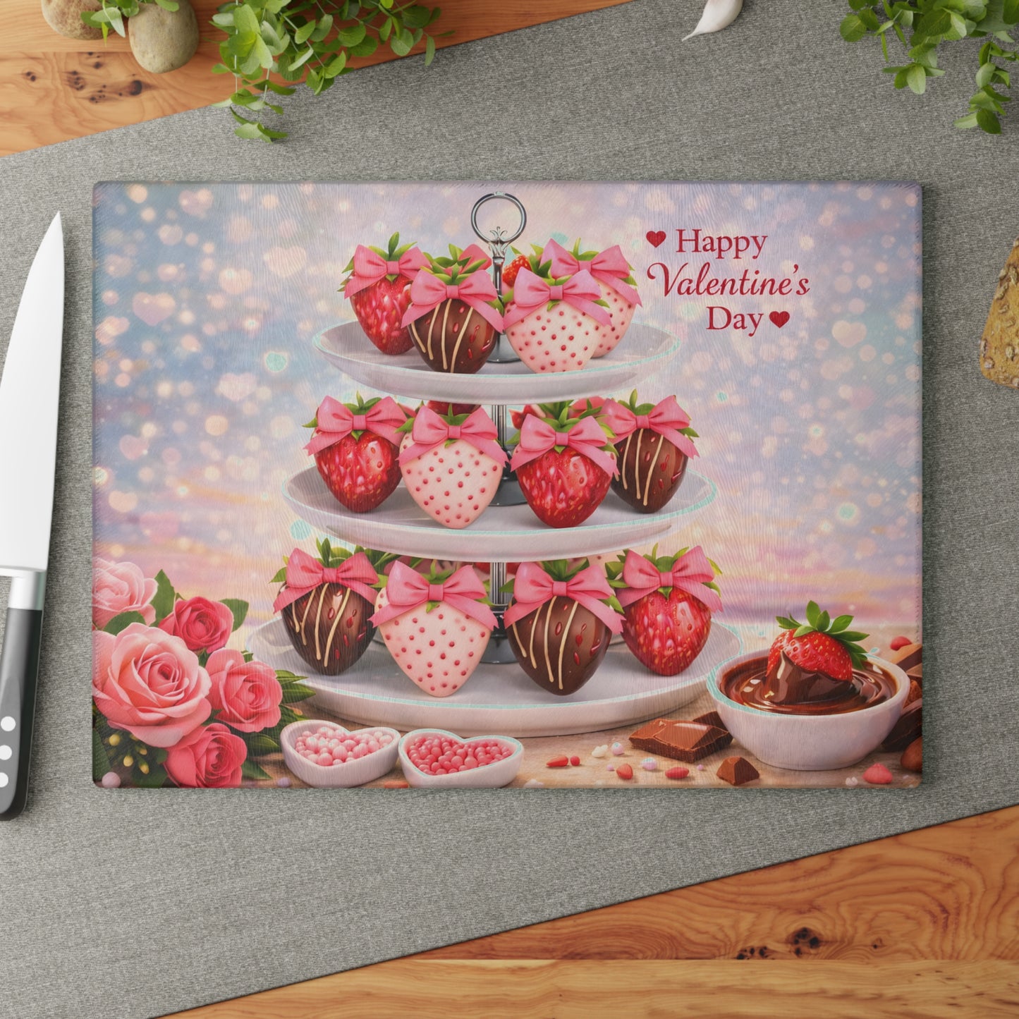 Chocolate-Covered Strawberry Valentine Glass Cutting Board – Romantic Dessert Display & Kitchen Accent