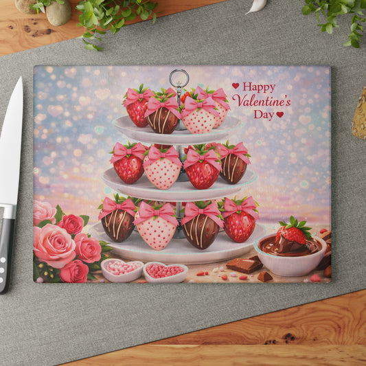Chocolate-Covered Strawberry Valentine Glass Cutting Board – Romantic Dessert Display & Kitchen Accent