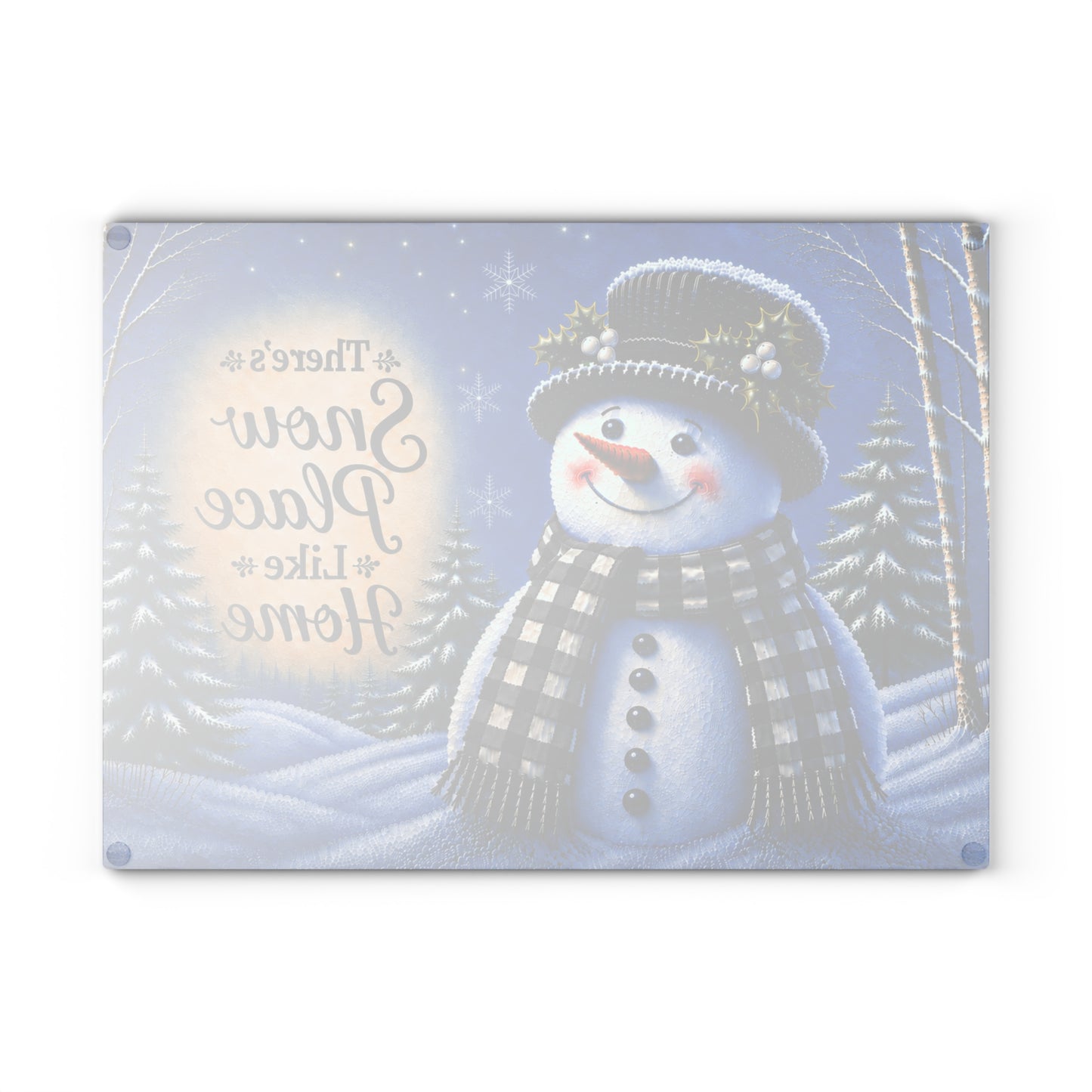 There’s Snow Place Like Home Snowman Glass Cutting Board – Black & White Plaid Winter Kitchen Decor