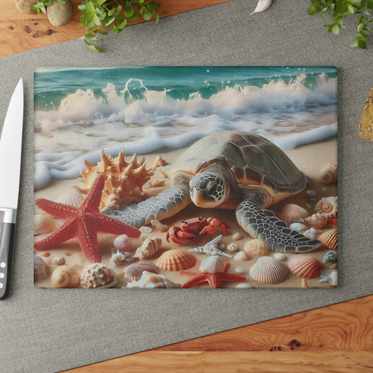 Tabla de cortar de vidrio costera con diseño de tortuga marina y conchas: arte inspirado en el océano para cocinas de playa