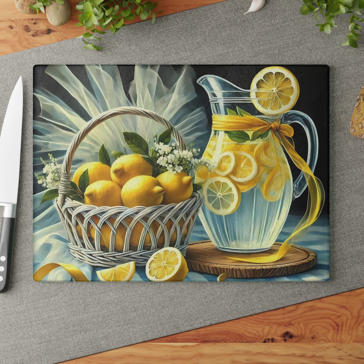 Tabla de cortar de limón, decoración de cocina cítrica, estilo rústico de granja, tabla de cortar de vidrio, decoración de cocina de verano, diseño de limón fresco, idea de regalo