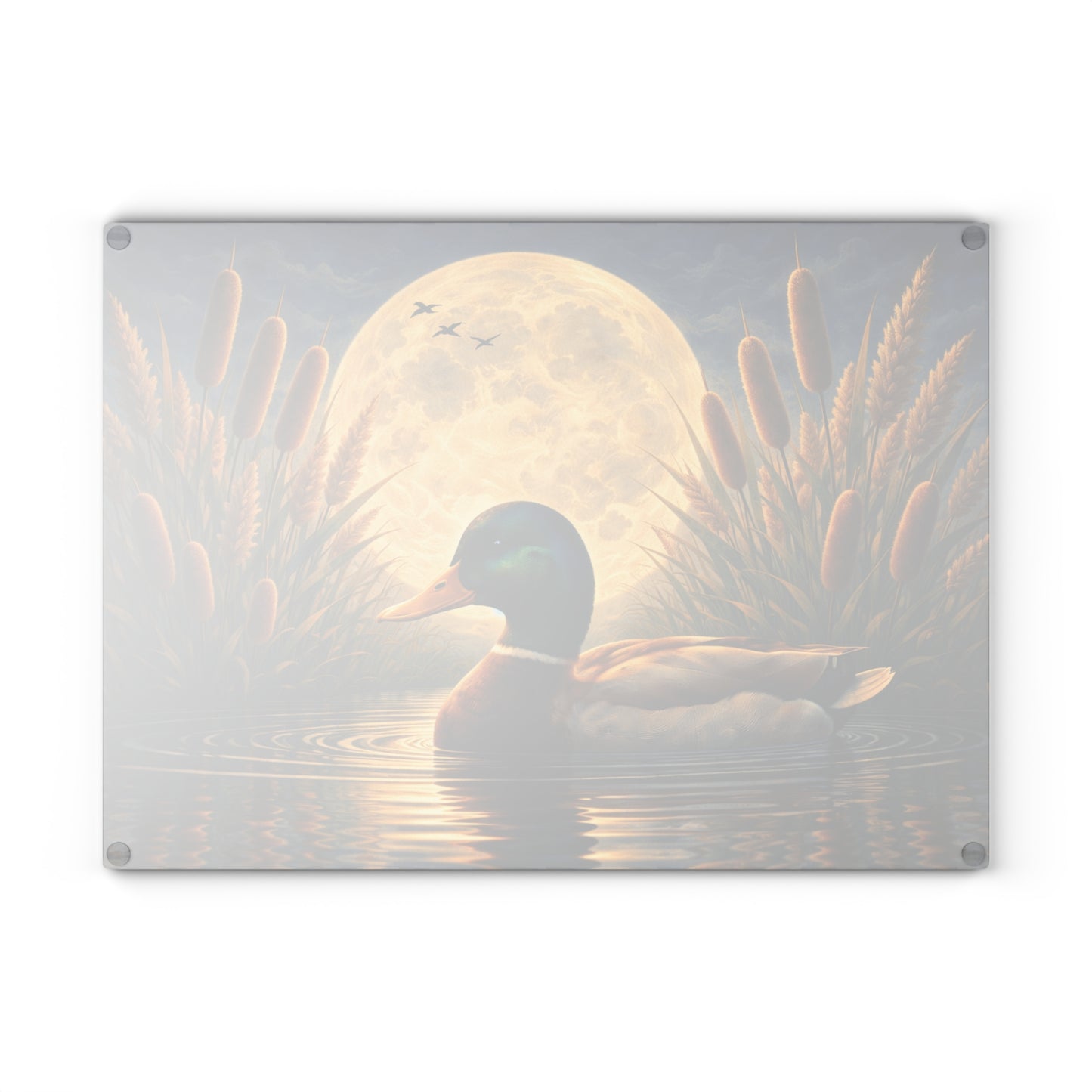 Moonlit Mallard Duck Glass Cutting Board – Peaceful Marsh Wildlife Artwork