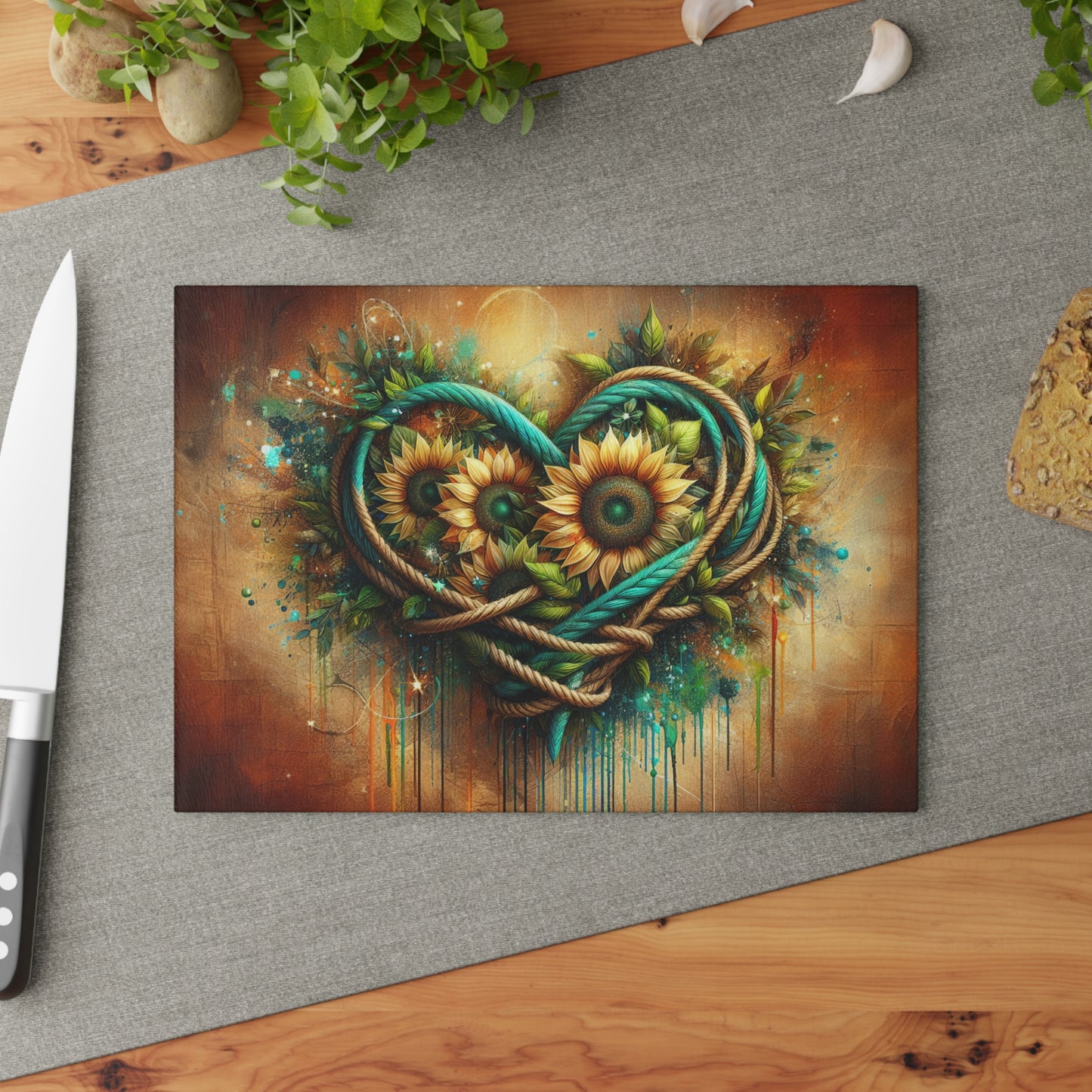 Sunflower Rope Heart Glass Cutting Board – Rustic Floral Love Kitchen Display