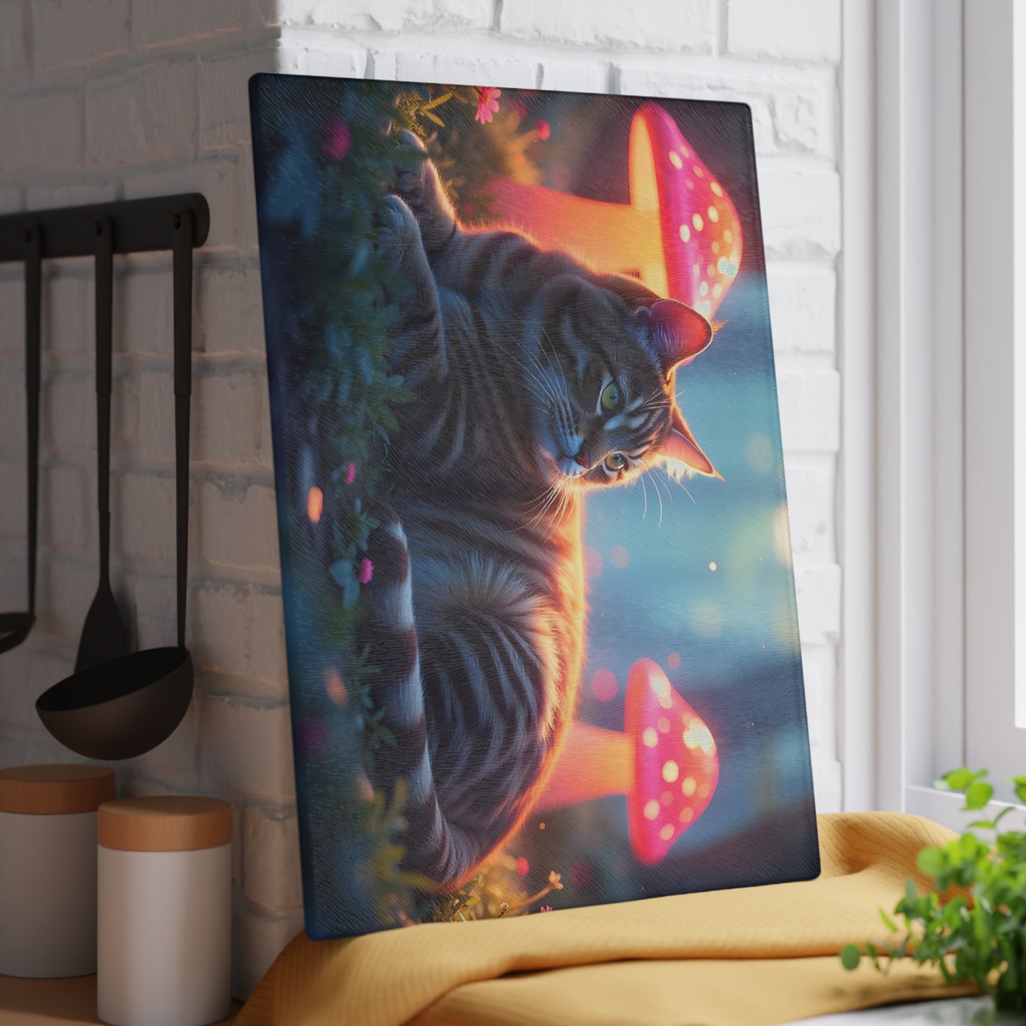 🐱🍄 Cat and Mushroom Cutting Board – Whimsical Nighttime Magic 🌌