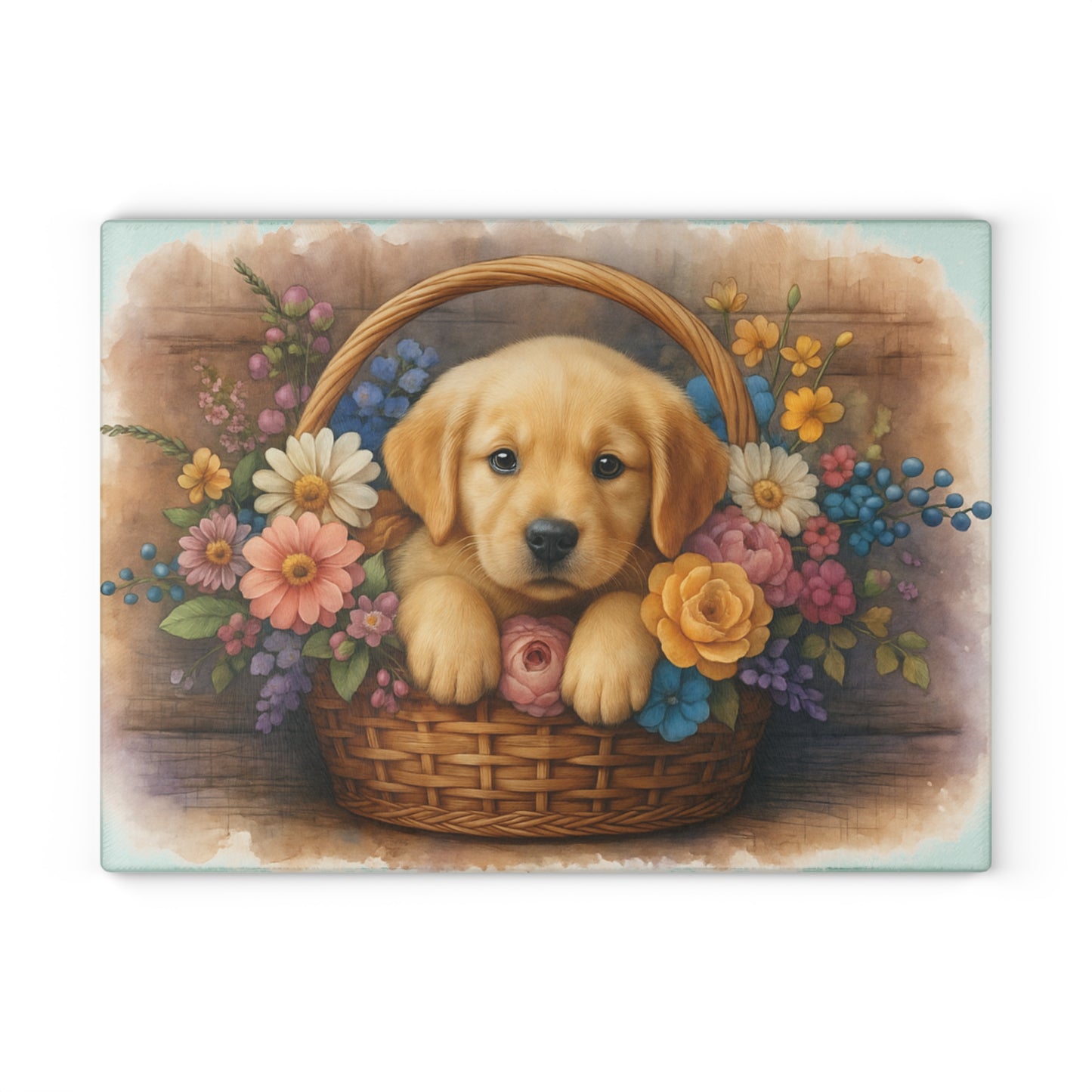 🐾🌼 Golden Puppy in Basket Cutting Board – Timeless Sweetness for Your Kitchen 🌸
