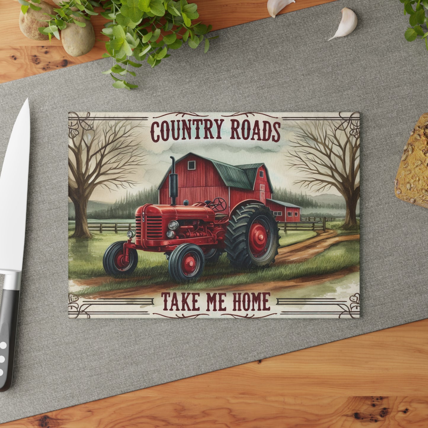🚜🌾 Country Roads Tractor Glass Cutting Board – Rustic Farmhouse Charm for Your Kitchen 🌾🚜
