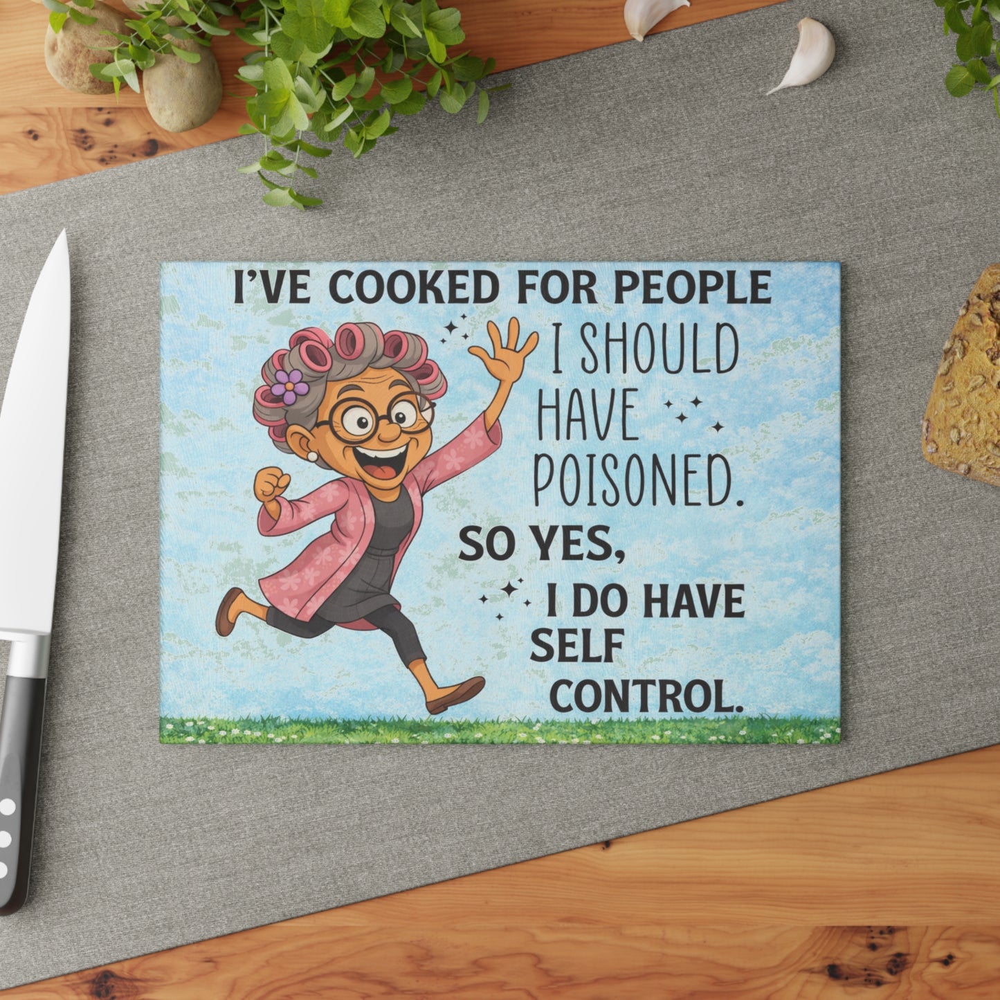 I’ve Cooked for People Glass Cutting Board – Funny Grandma Kitchen Art with Sassy Humor