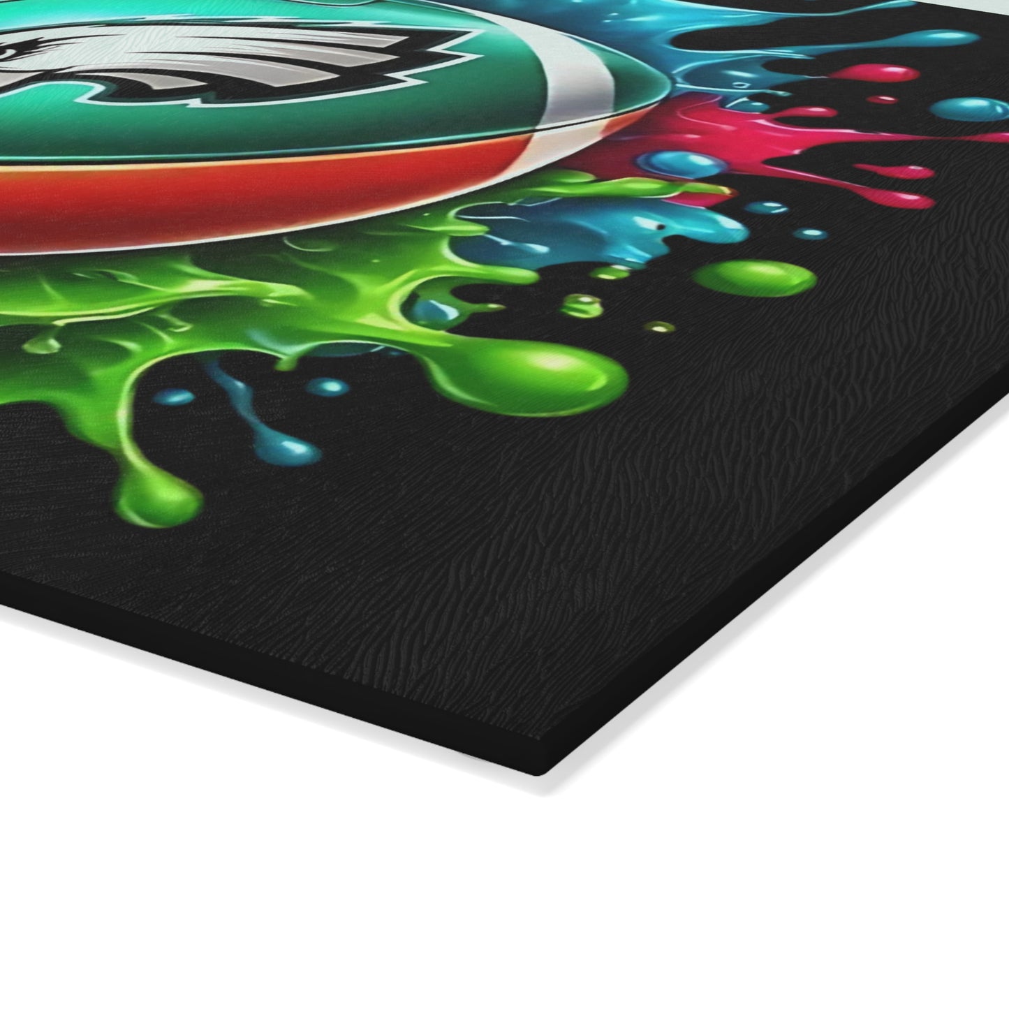 Tabla de cortar de vidrio con esferas llamativas y salpicaduras de color: arte vibrante para cocinas modernas