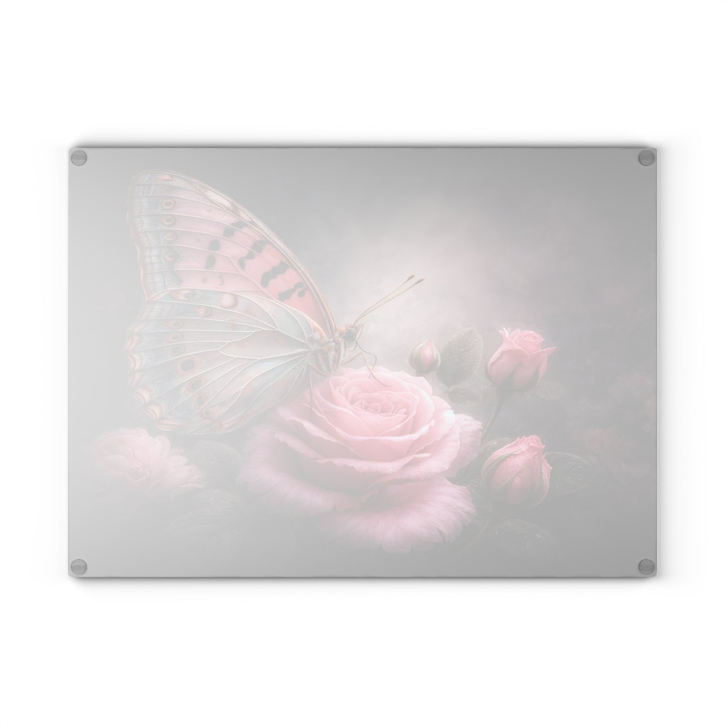 Blush Butterfly & Rose Glass Cutting Board – Elegant Floral Butterfly Kitchen Art