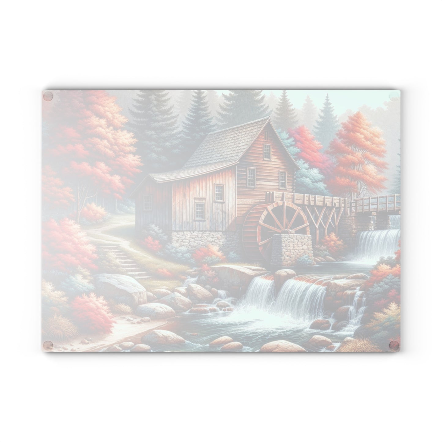 🌊 Rustic Watermill Cutting Board – Tranquil Autumn Charm for Your Kitchen