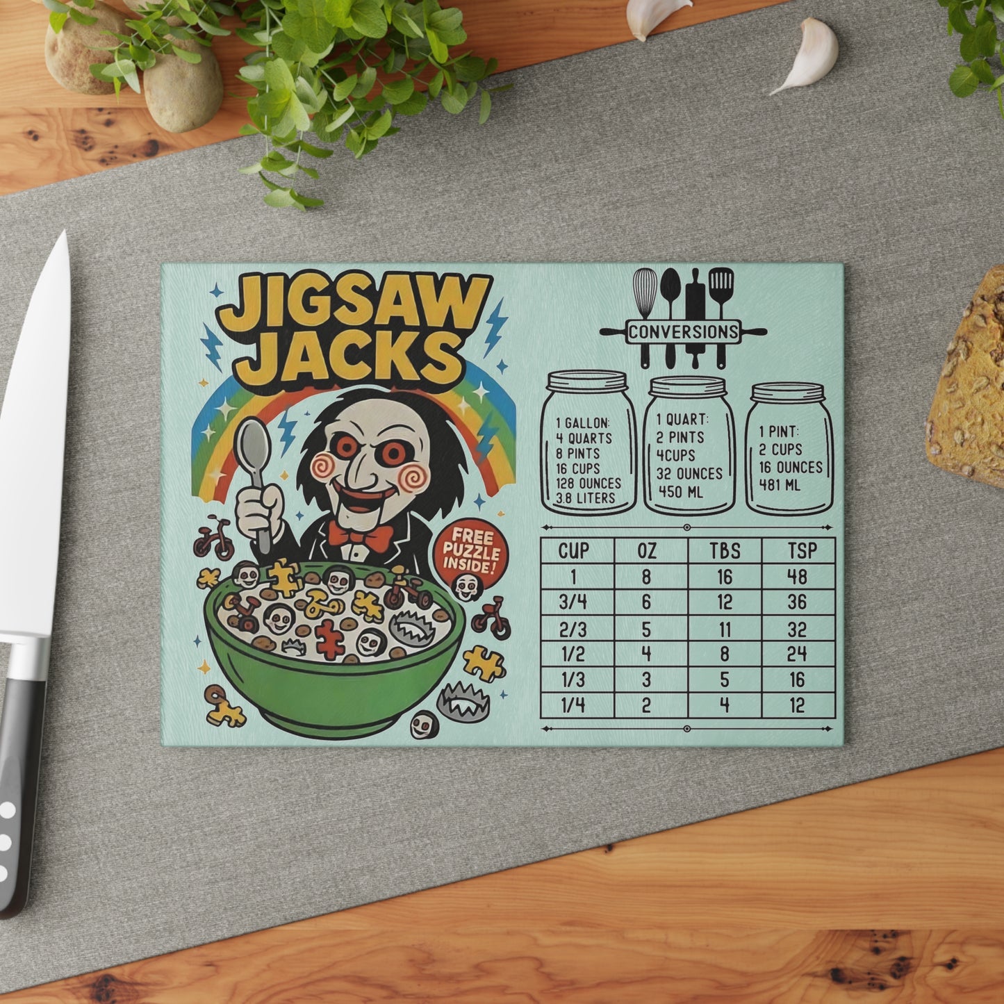 🧩 “Jigsaw Jacks” Horror Cereal Cutting Board – Twisted Fun at Every Meal! 🥄