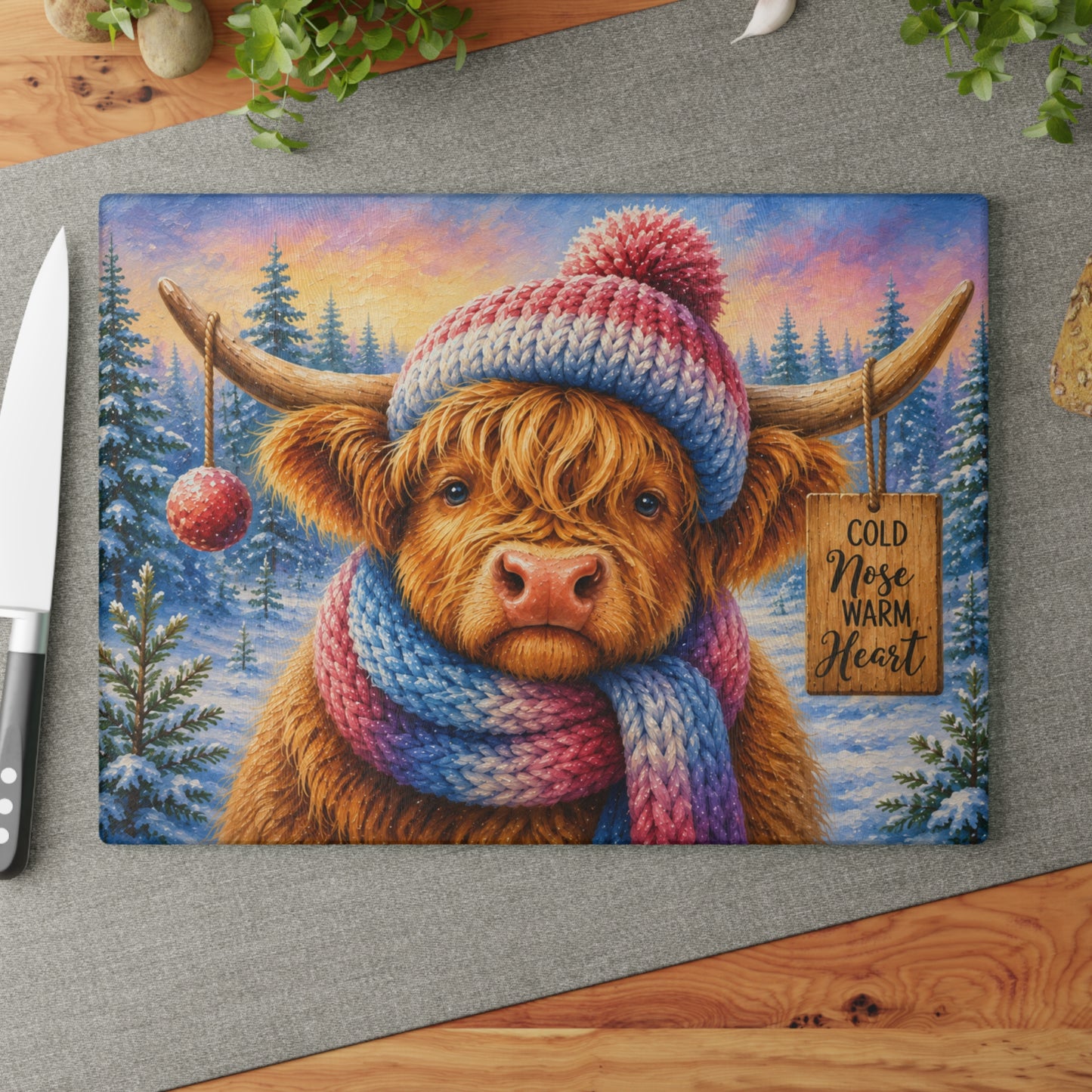 Cold Nose Warm Heart Highland Cow Glass Cutting Board – Cozy Winter Cow Kitchen Decor