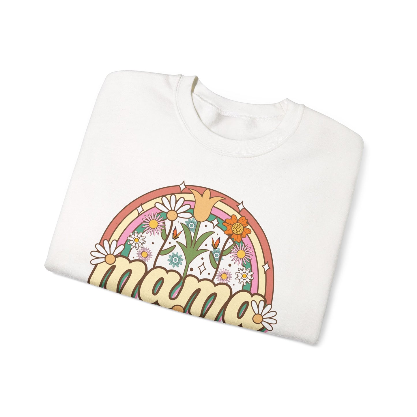 🌼🌈 Retro Floral Mama Sweatshirt – Vintage Rainbow Daisy Mom Crewneck