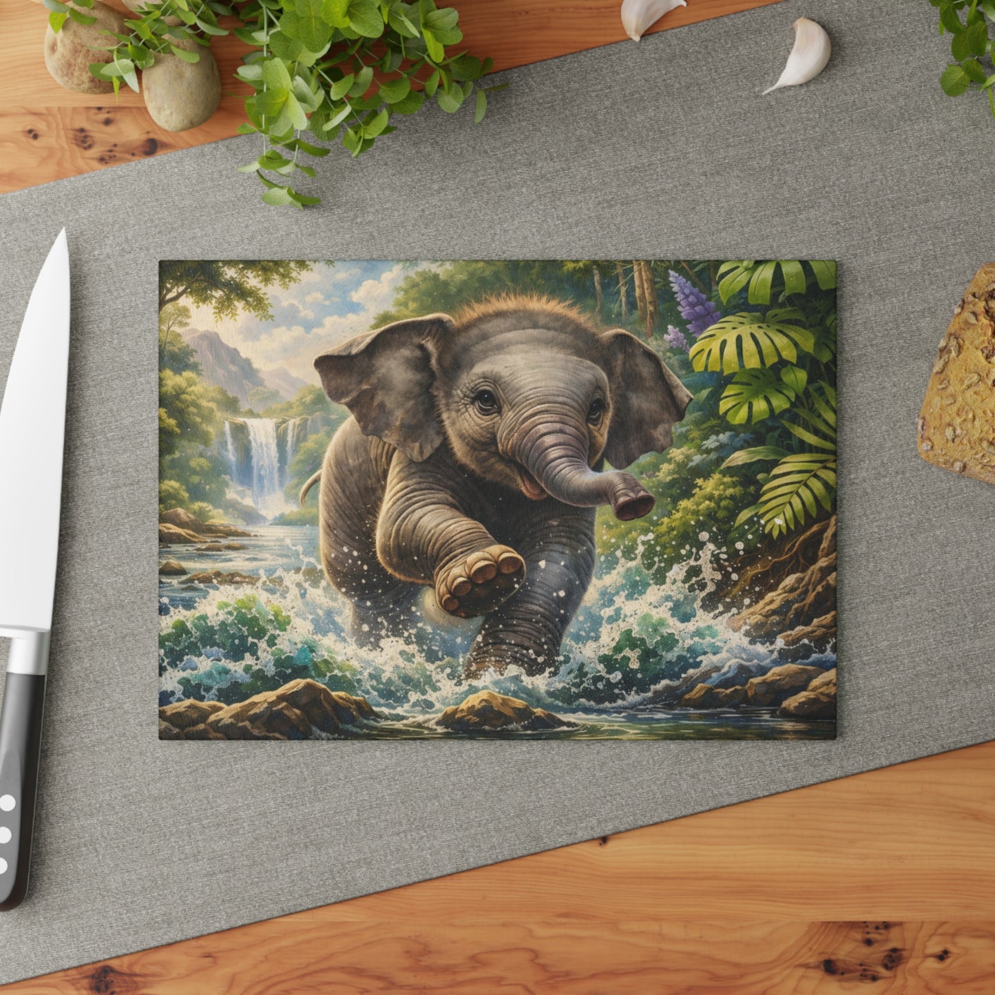Playful Jungle Elephant Glass Cutting Board – Tropical Waterfall Wildlife Kitchen Art