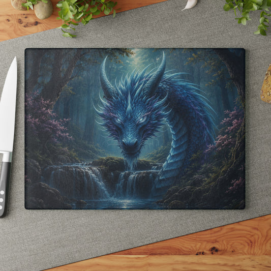 Mystical Blue Dragon Glass Cutting Board – Fantasy Dragon Kitchen Decor, Magical Waterfall Gift