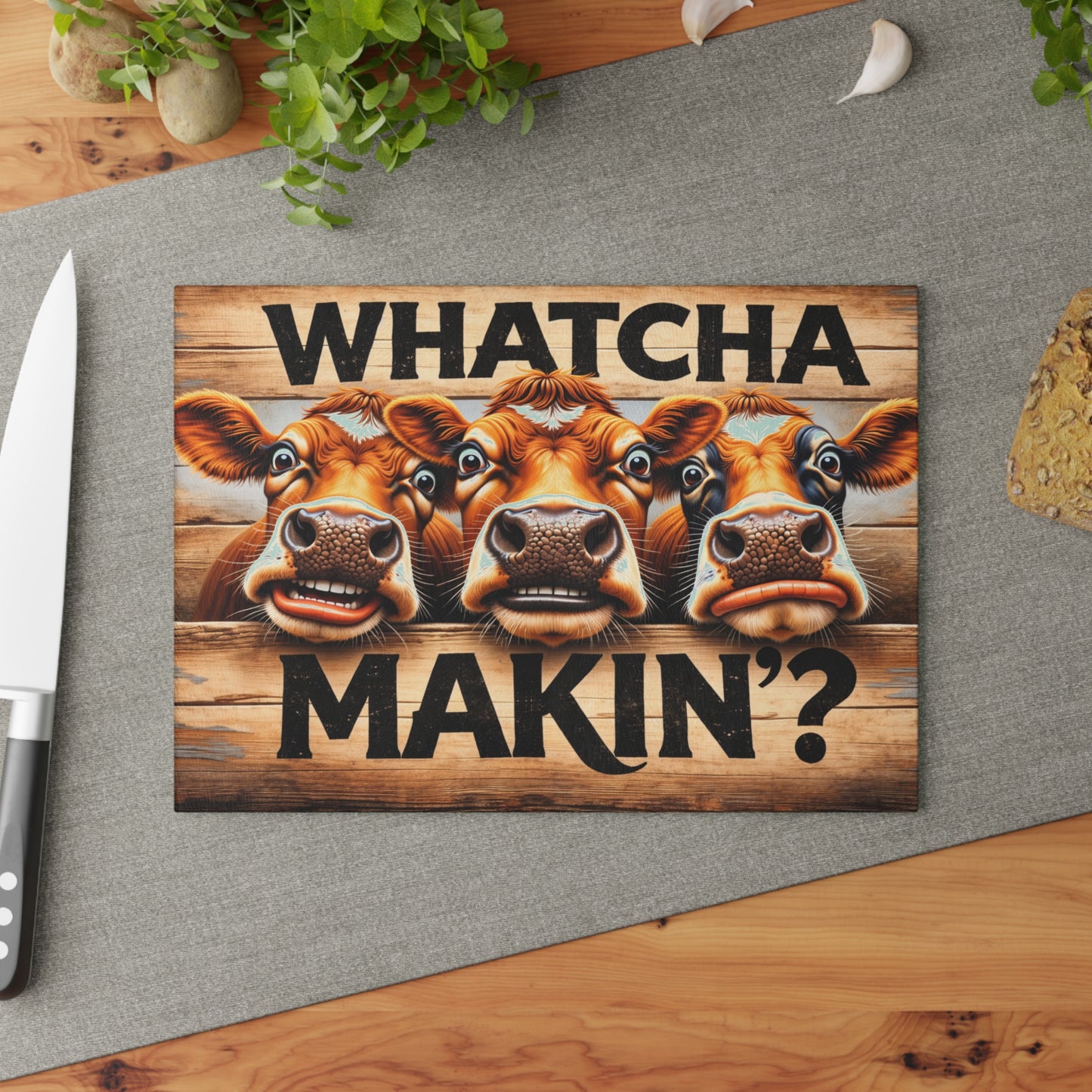 Whatcha Makin’? Glass Cutting Board – Funny Cow Farmhouse Kitchen Decor